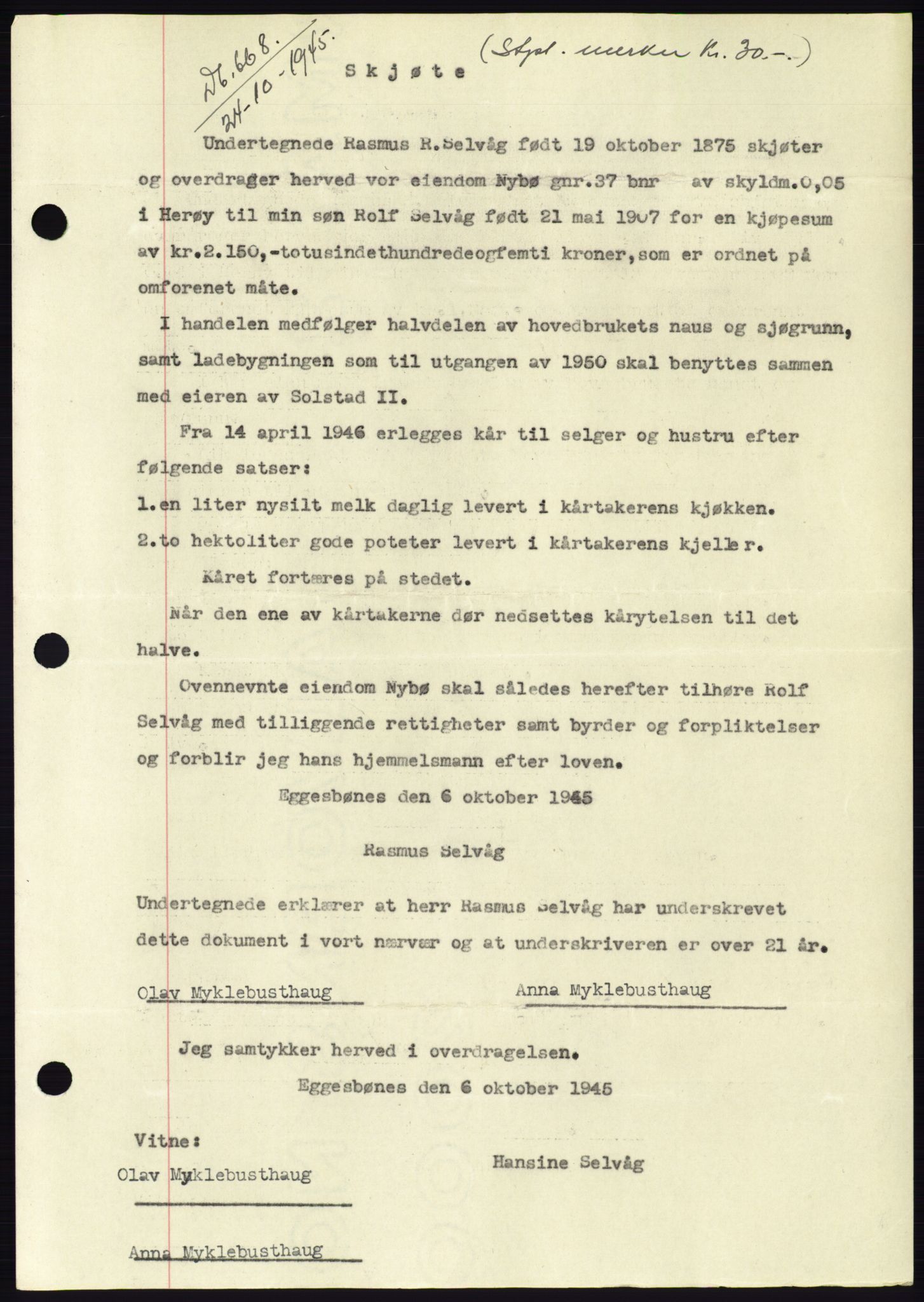 Søre Sunnmøre sorenskriveri, SAT/A-4122/1/2/2C/L0077: Pantebok nr. 3A, 1945-1946, Dagboknr: 668/1945