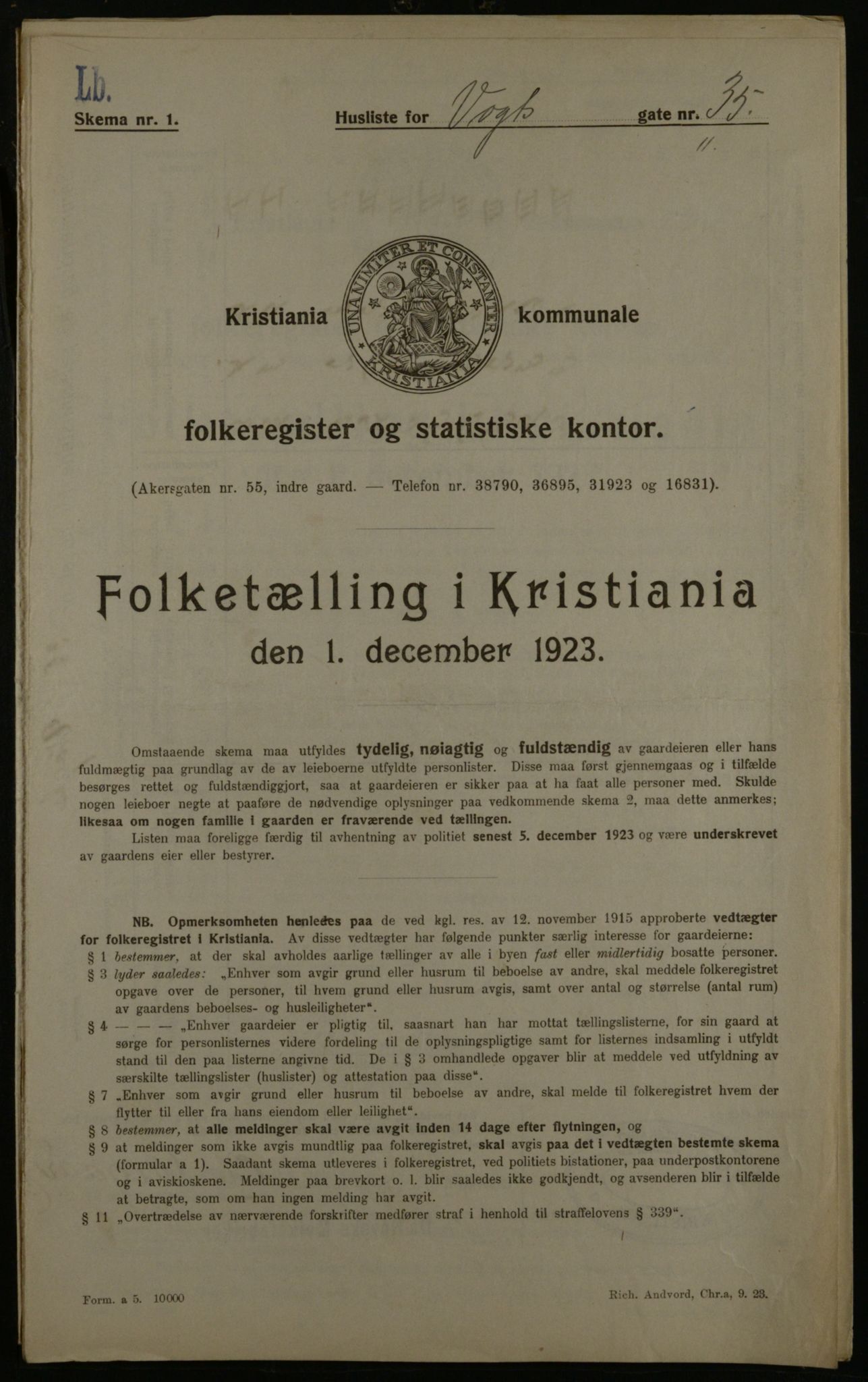 OBA, Kommunal folketelling 1.12.1923 for Kristiania, 1923, s. 137430