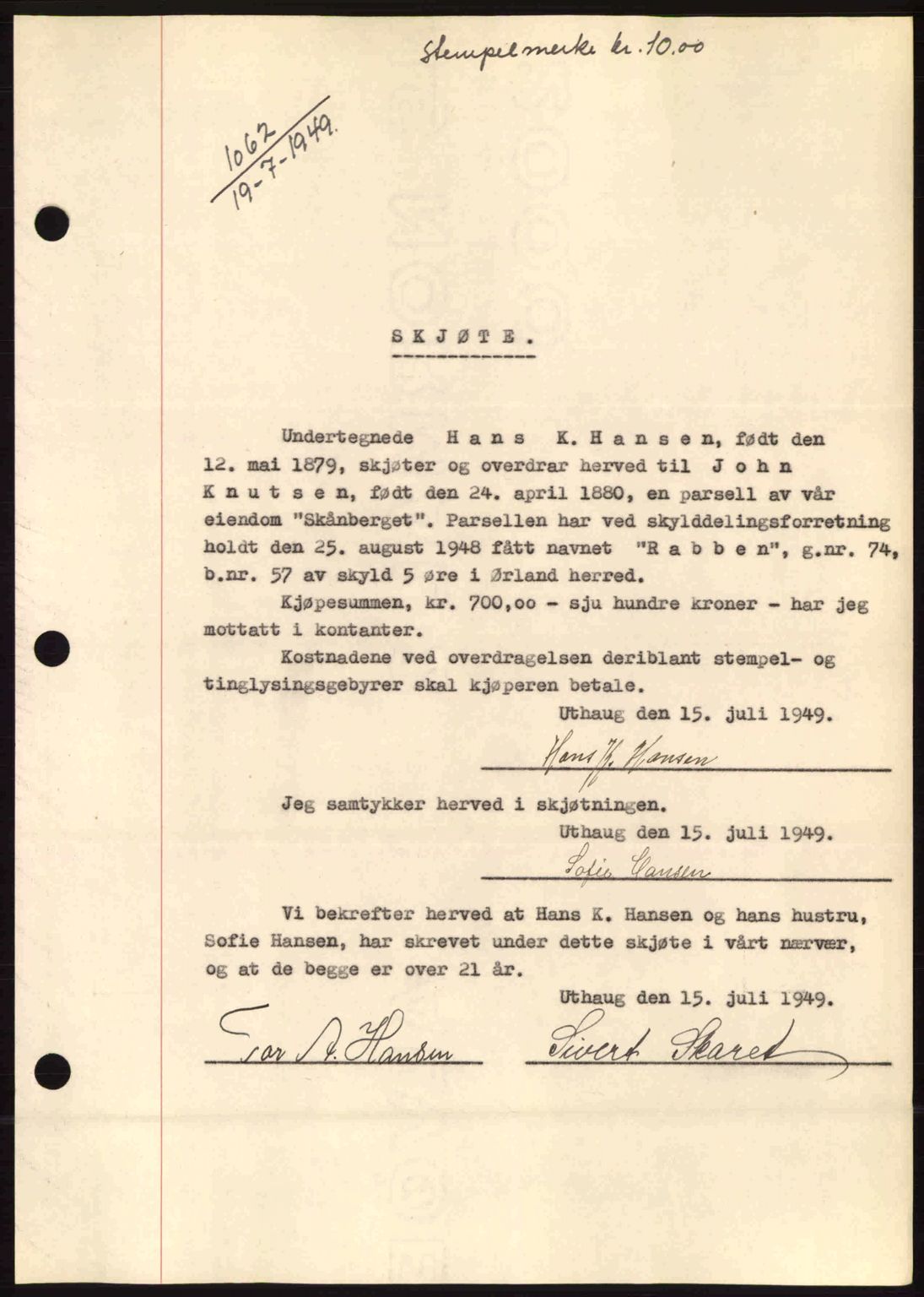 Fosen sorenskriveri, AV/SAT-A-1107/1/2/2C: Pantebok nr. A9, 1948-1949, Dagboknr: 1062/1949
