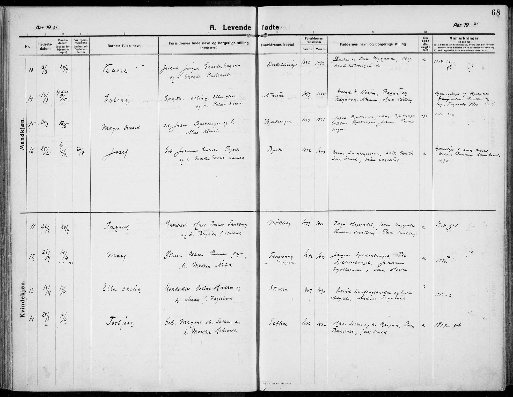 Kolbu prestekontor, AV/SAH-PREST-110/H/Ha/Haa/L0002: Ministerialbok nr. 2, 1912-1926, s. 68