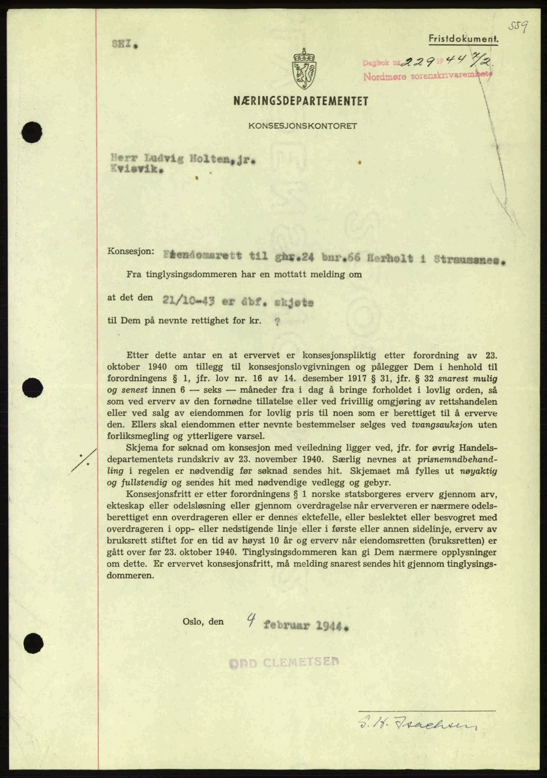 Nordmøre sorenskriveri, AV/SAT-A-4132/1/2/2Ca: Pantebok nr. B91, 1943-1944, Dagboknr: 229/1944