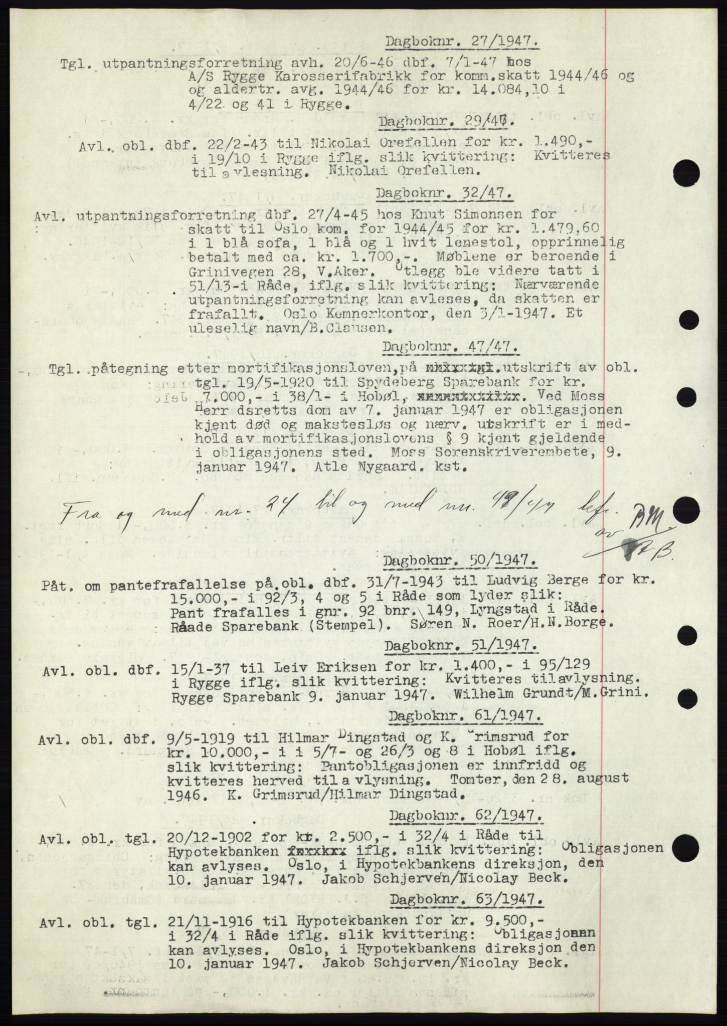 Moss sorenskriveri, SAO/A-10168: Pantebok nr. C10, 1938-1950, Dagboknr: 27/1947