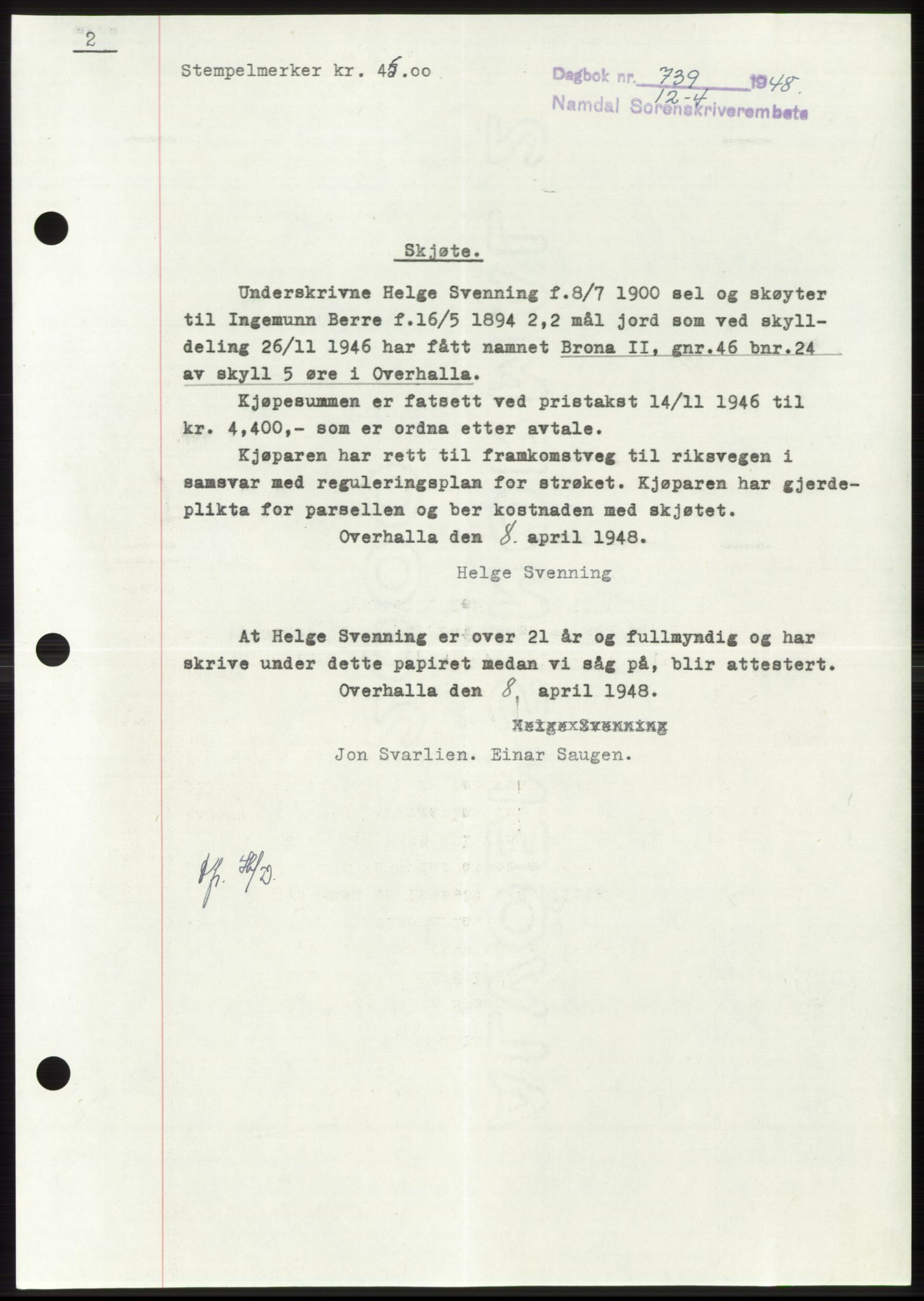 Namdal sorenskriveri, SAT/A-4133/1/2/2C: Pantebok nr. -, 1947-1948, Dagboknr: 739/1948