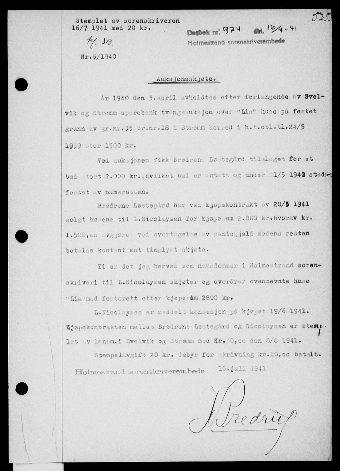 Holmestrand sorenskriveri, SAKO/A-67/G/Ga/Gaa/L0053: Pantebok nr. A-53, 1941-1941, Dagboknr: 974/1941