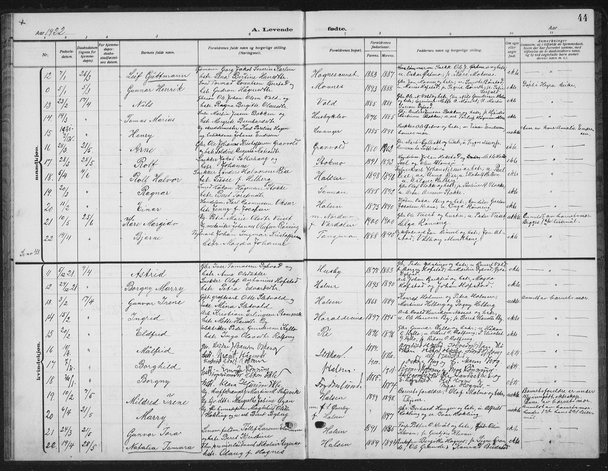 Ministerialprotokoller, klokkerbøker og fødselsregistre - Nord-Trøndelag, AV/SAT-A-1458/709/L0088: Klokkerbok nr. 709C02, 1914-1934, s. 44