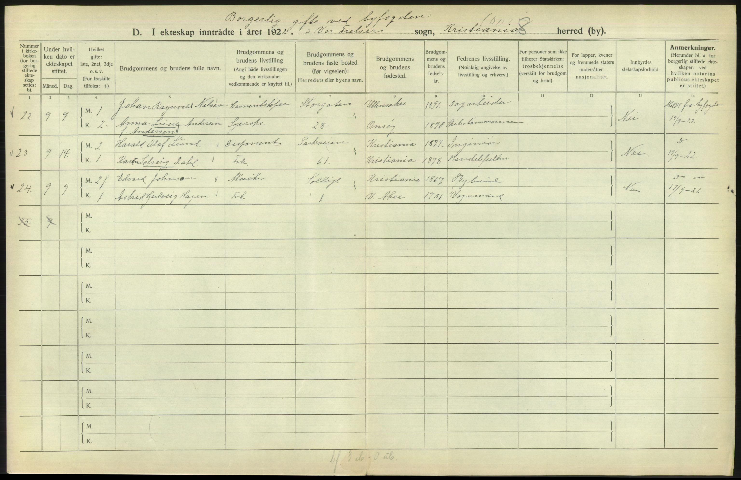 Statistisk sentralbyrå, Sosiodemografiske emner, Befolkning, AV/RA-S-2228/D/Df/Dfc/Dfcb/L0008: Kristiania: Gifte, 1922, s. 200