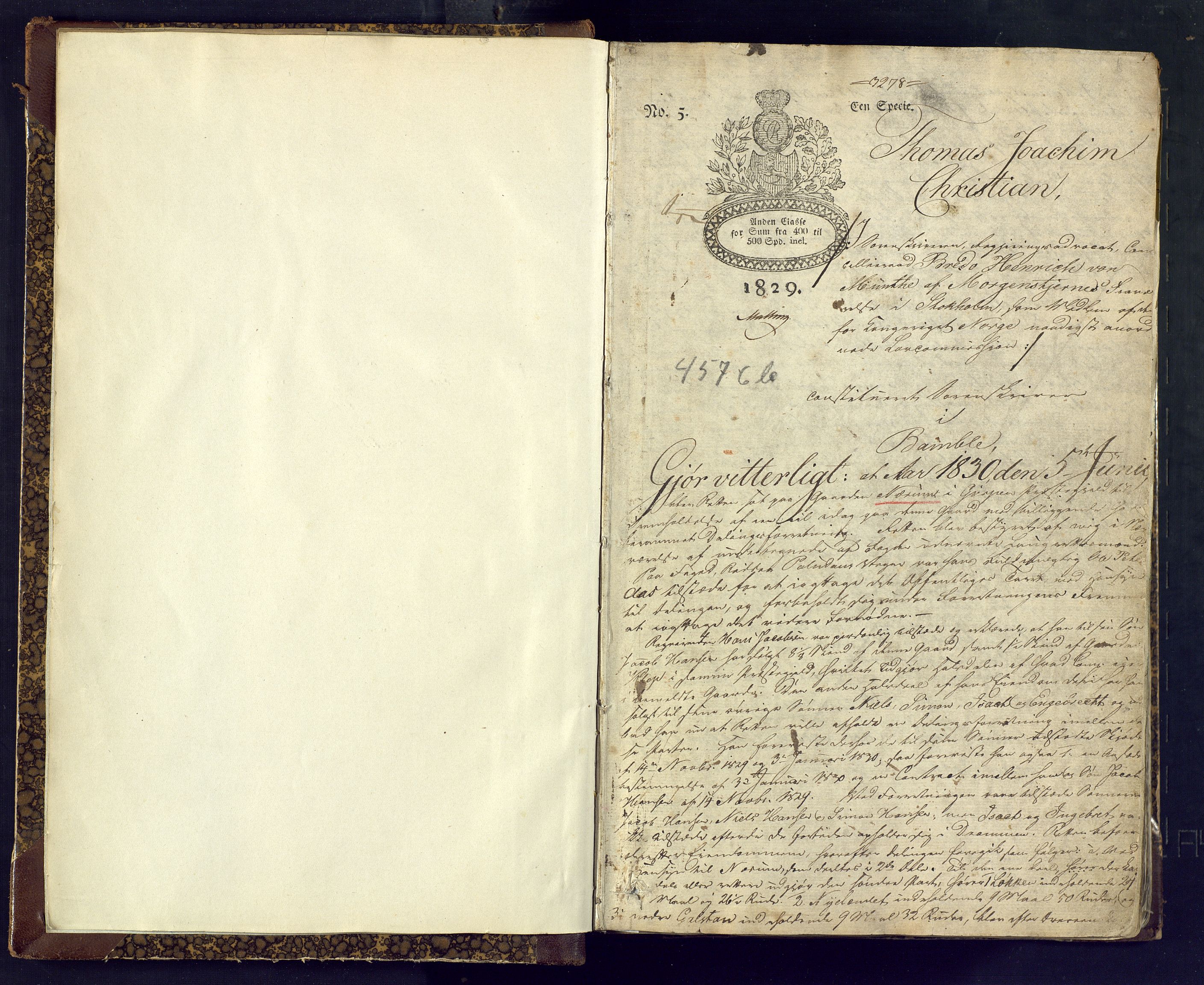 Bamble sorenskriveri, AV/SAKO-A-214/F/Fc/Fca/L0002: Ekstrarettsprotokoll, 1830-1834, s. 1