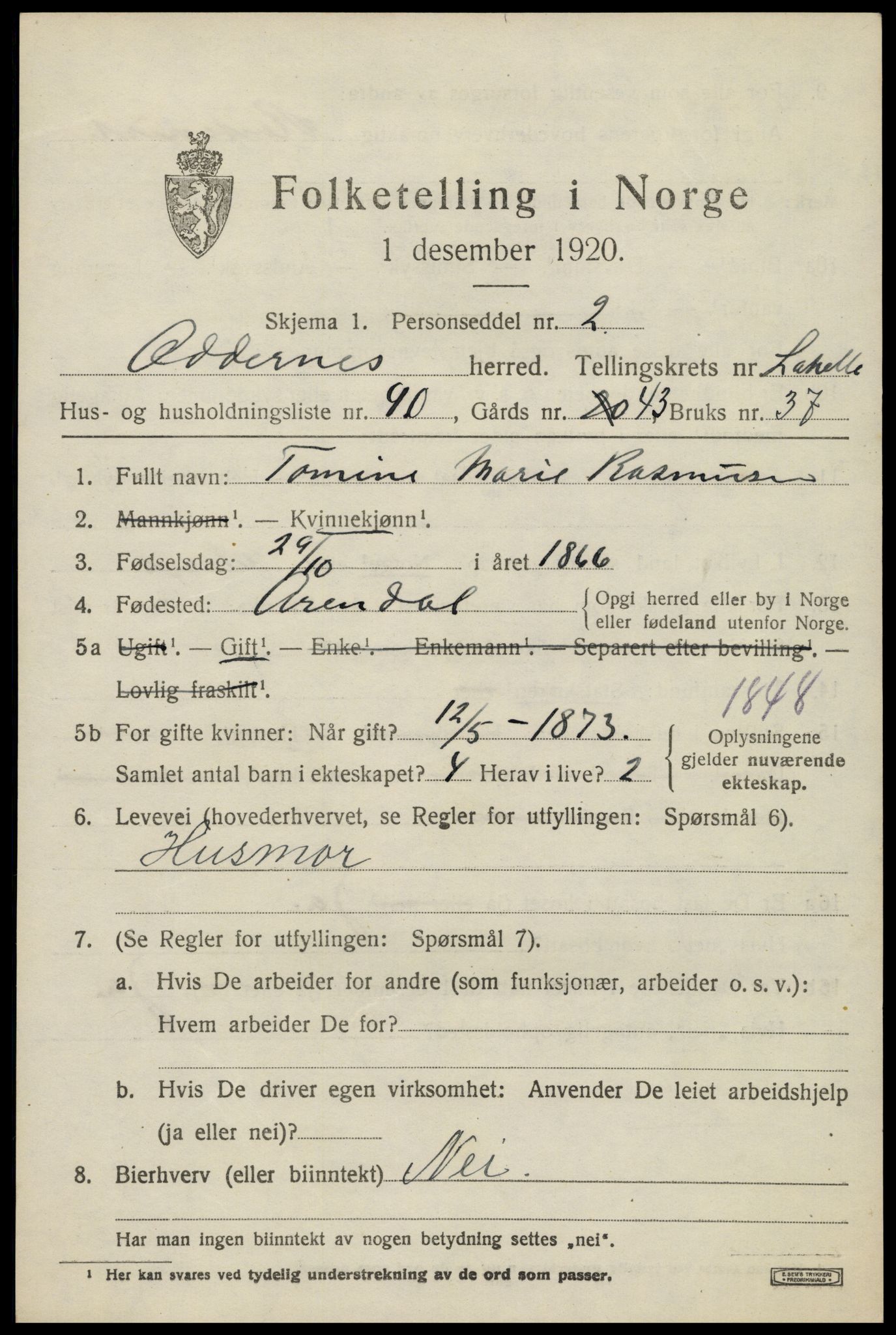 SAK, Folketelling 1920 for 1012 Oddernes herred, 1920, s. 9659