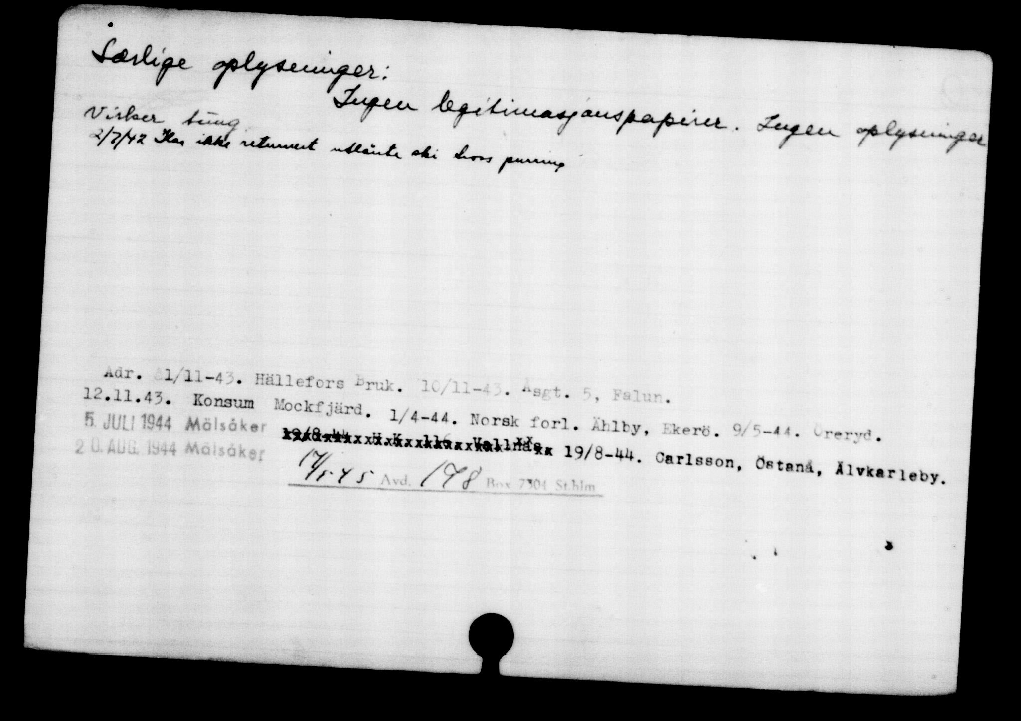 Utenriksstasjonene, Legasjonen i Stockholm, Flyktningkontoret, AV/RA-S-6753/V/Va/L0001: Kjesäterkartoteket, flyktninger med registreringsnr. 1-1000, 1940-1945, s. 1136