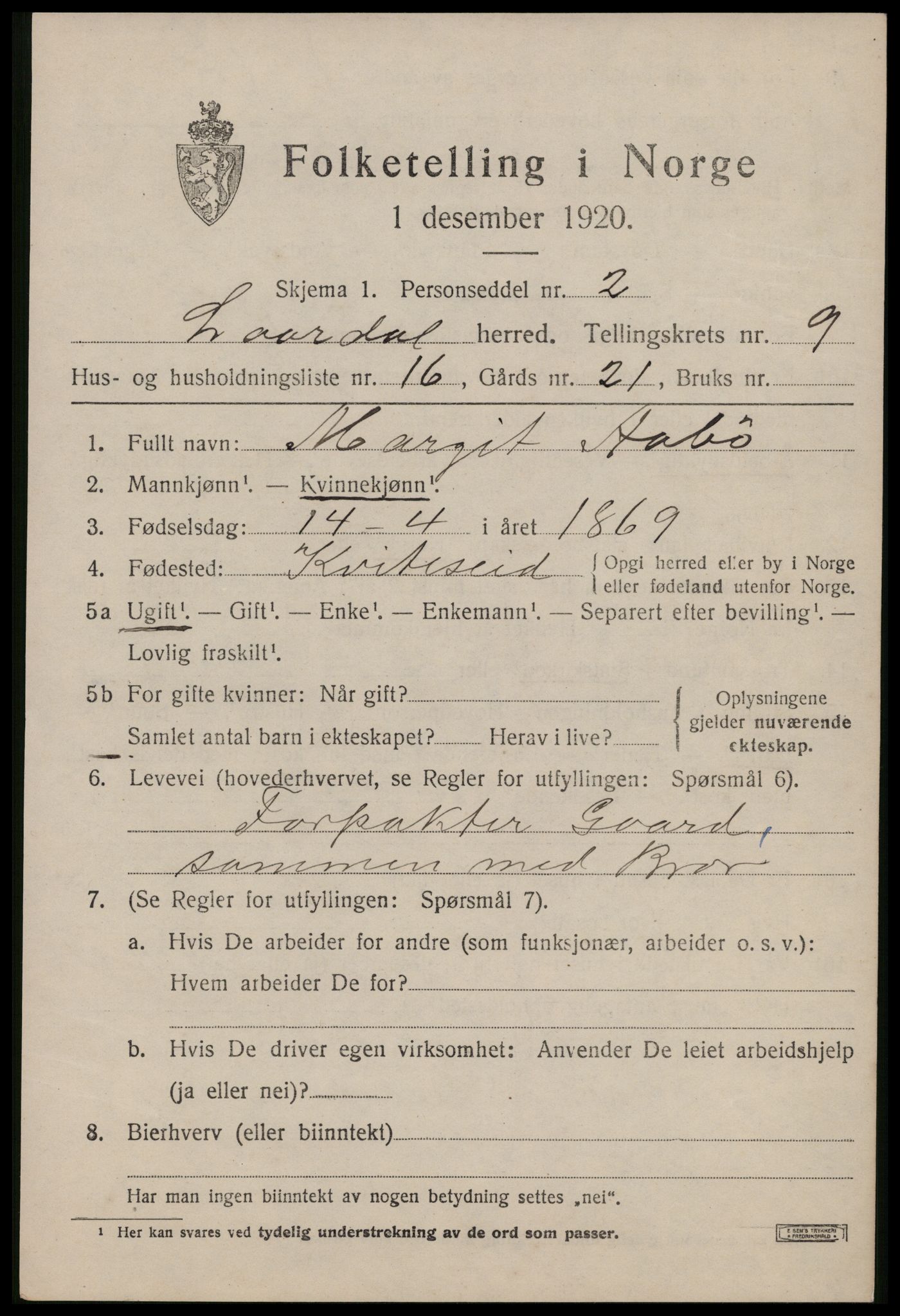 SAKO, Folketelling 1920 for 0833 Lårdal herred, 1920, s. 3307