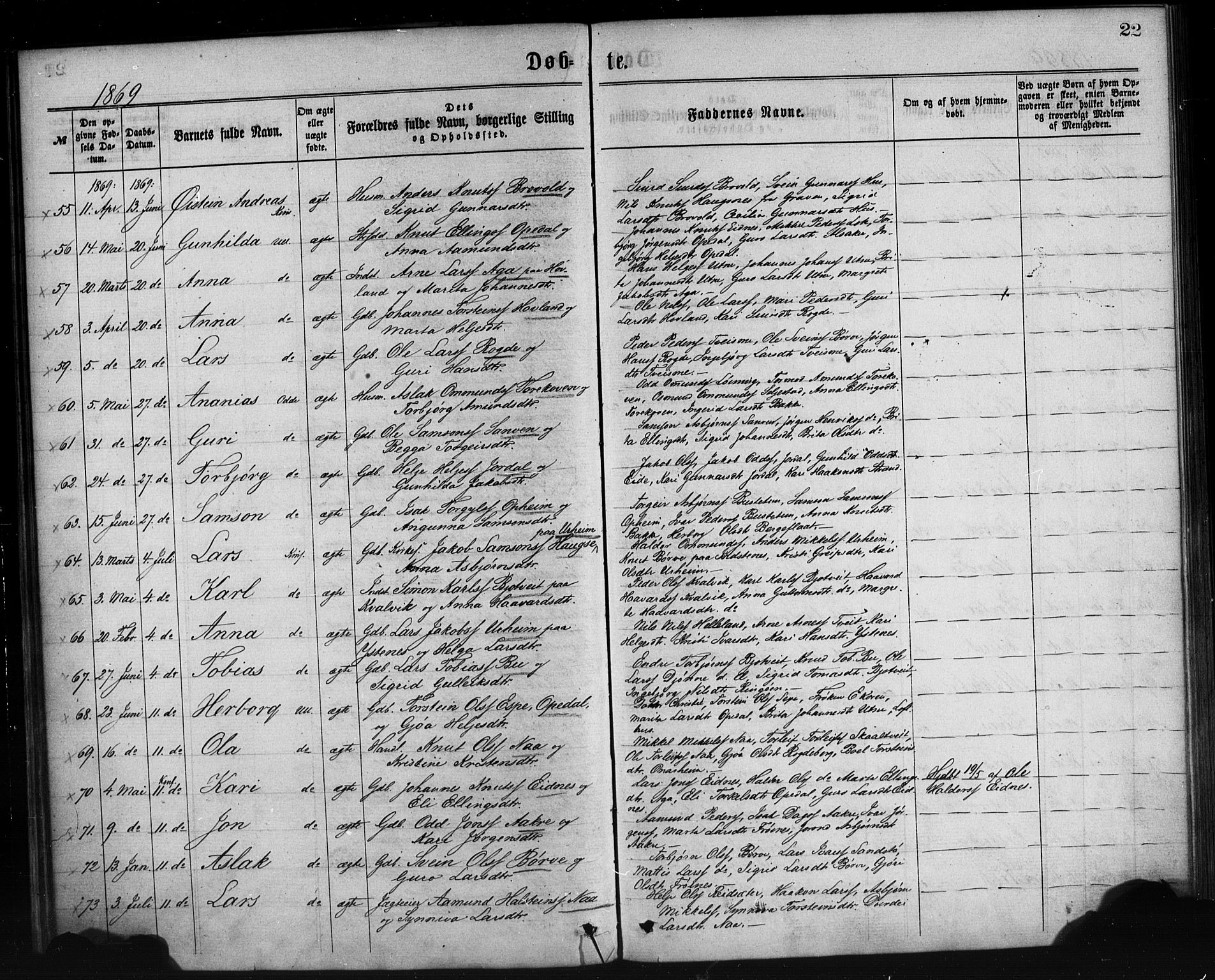 Ullensvang sokneprestembete, AV/SAB-A-78701/H/Haa: Ministerialbok nr. A 12, 1867-1881, s. 22