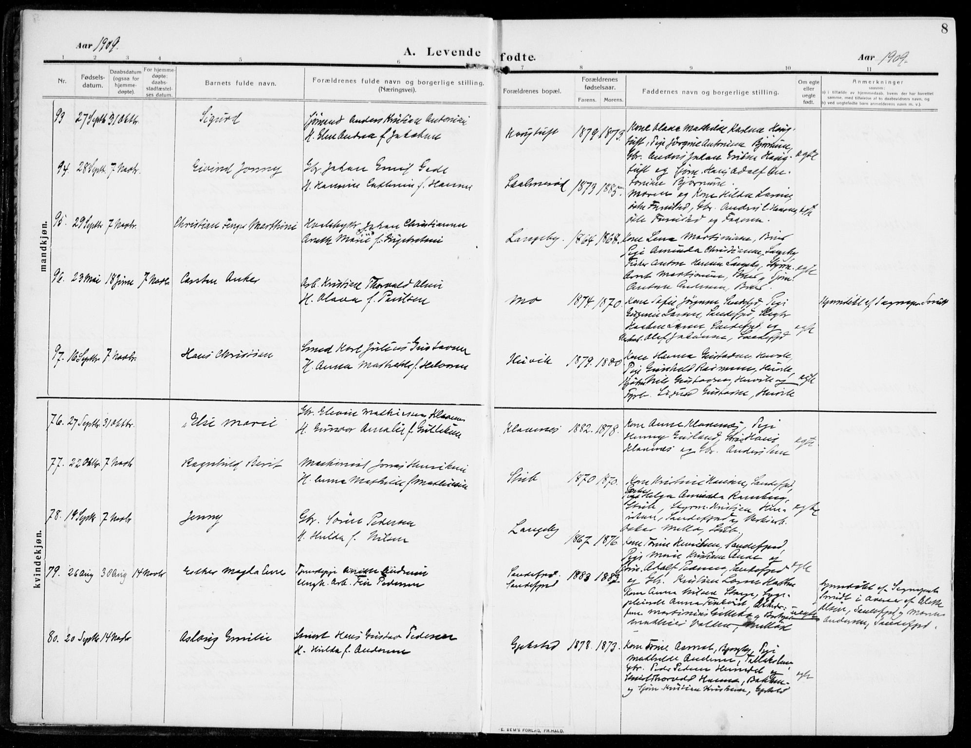 Sandar kirkebøker, AV/SAKO-A-243/F/Fa/L0016: Ministerialbok nr. 16, 1909-1919, s. 8