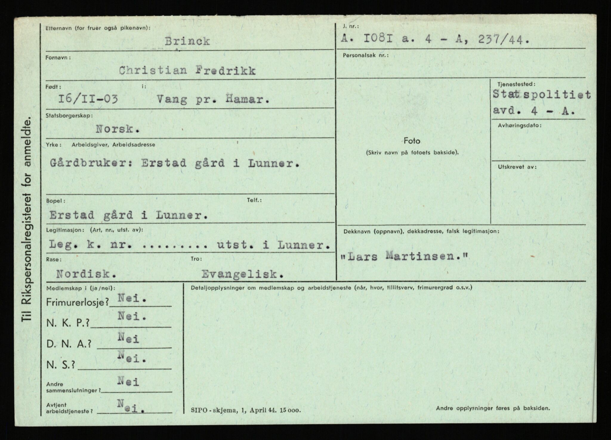 Statspolitiet - Hovedkontoret / Osloavdelingen, AV/RA-S-1329/C/Ca/L0003: Brechan - Eichinger	, 1943-1945, s. 399