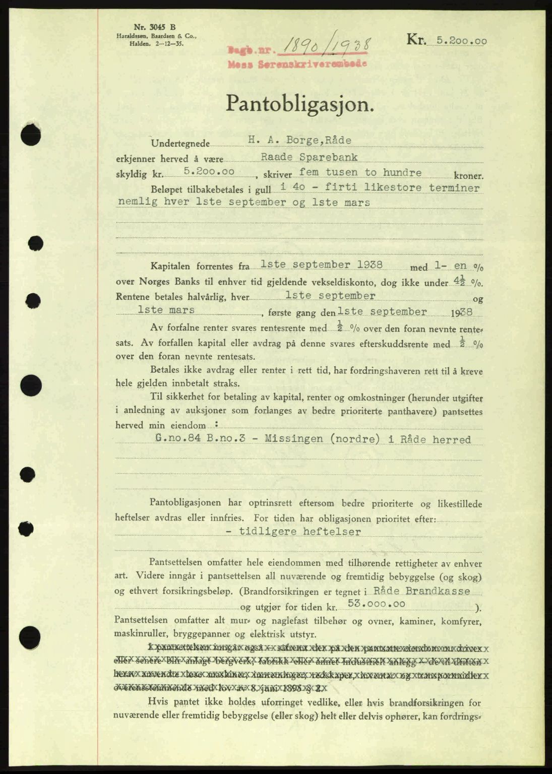 Moss sorenskriveri, SAO/A-10168: Pantebok nr. B6, 1938-1938, Dagboknr: 1890/1938