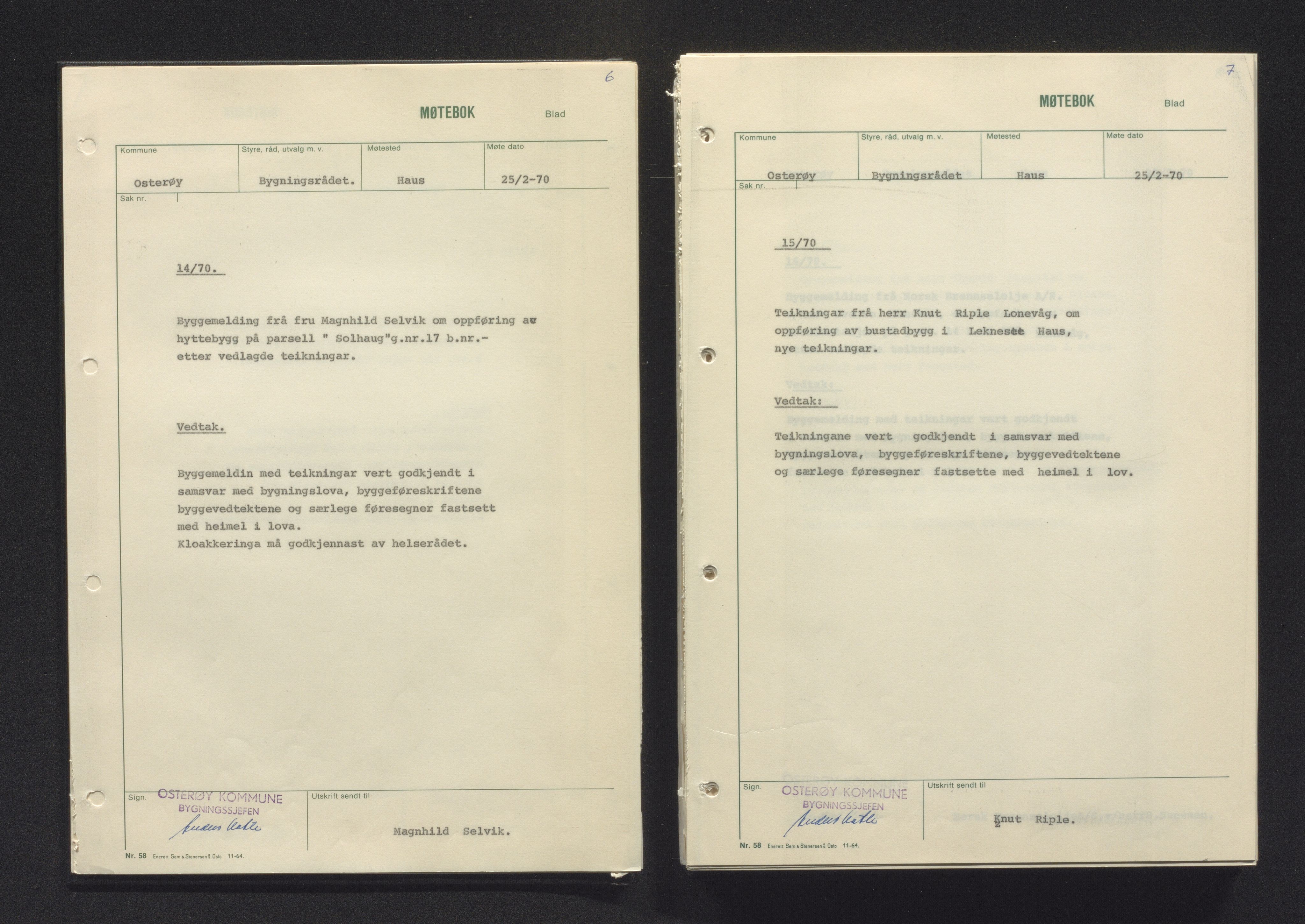 Osterøy kommune. Bygningsrådet, IKAH/1253b-511/A/Aa/L0005: Møtebok Osterøy bygningsråd, 1970