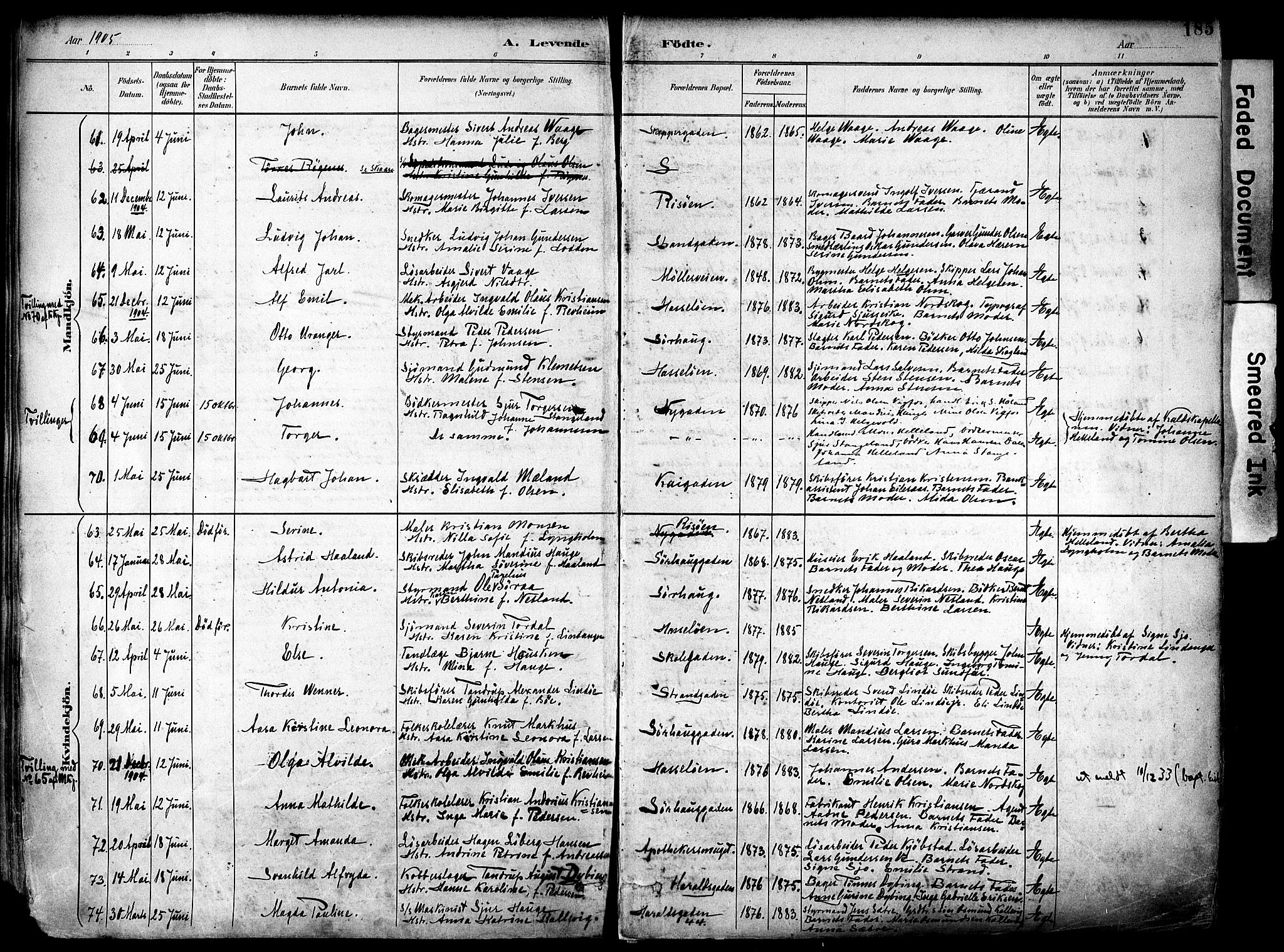 Haugesund sokneprestkontor, AV/SAST-A -101863/H/Ha/Haa/L0006: Ministerialbok nr. A 6, 1891-1907, s. 185