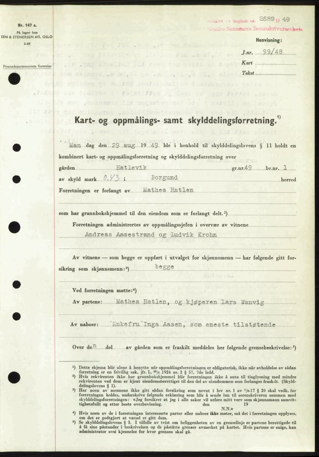 Nordre Sunnmøre sorenskriveri, SAT/A-0006/1/2/2C/2Ca: Pantebok nr. A32, 1949-1949, Dagboknr: 2589/1949