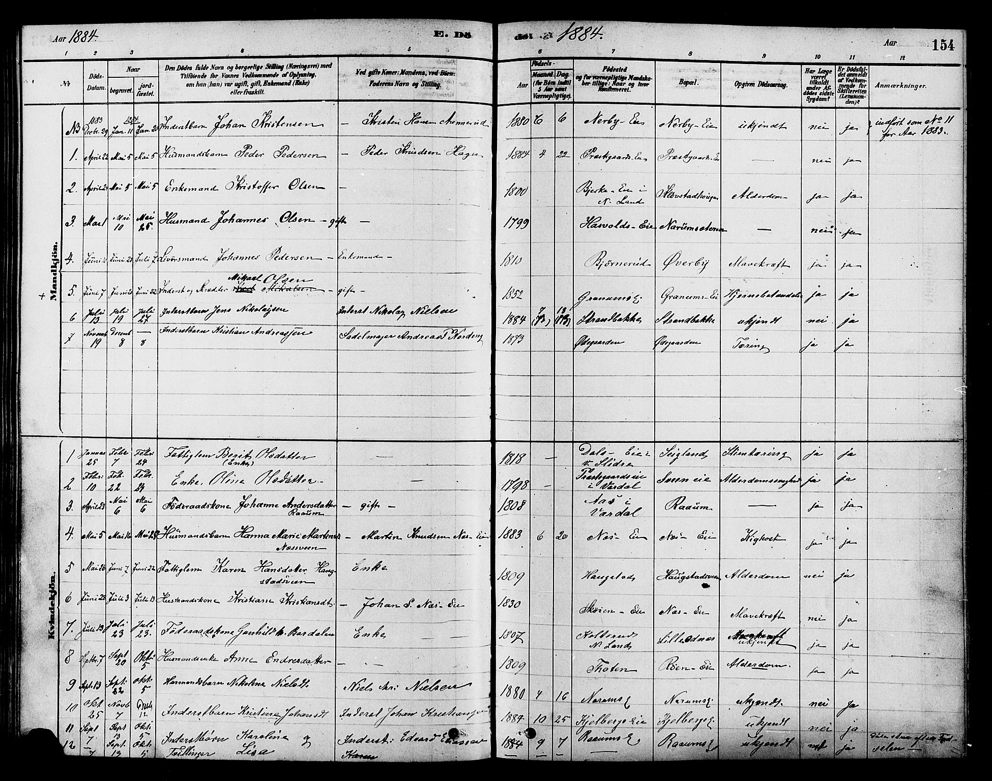 Søndre Land prestekontor, AV/SAH-PREST-122/K/L0002: Ministerialbok nr. 2, 1878-1894, s. 154