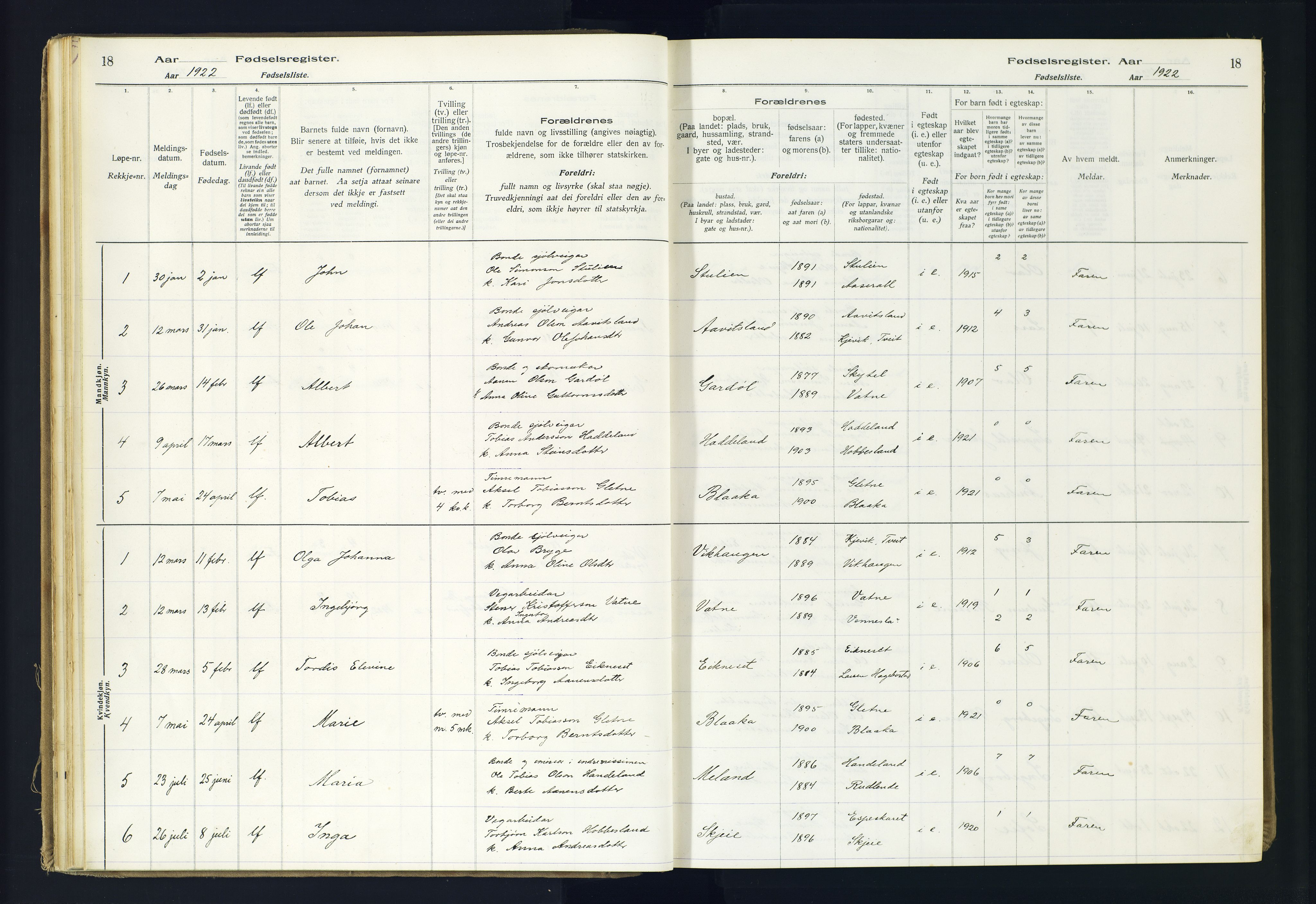 Hægebostad sokneprestkontor, SAK/1111-0024/J/Ja/L0002: Fødselsregister nr. II.6.8, 1916-1982, s. 18