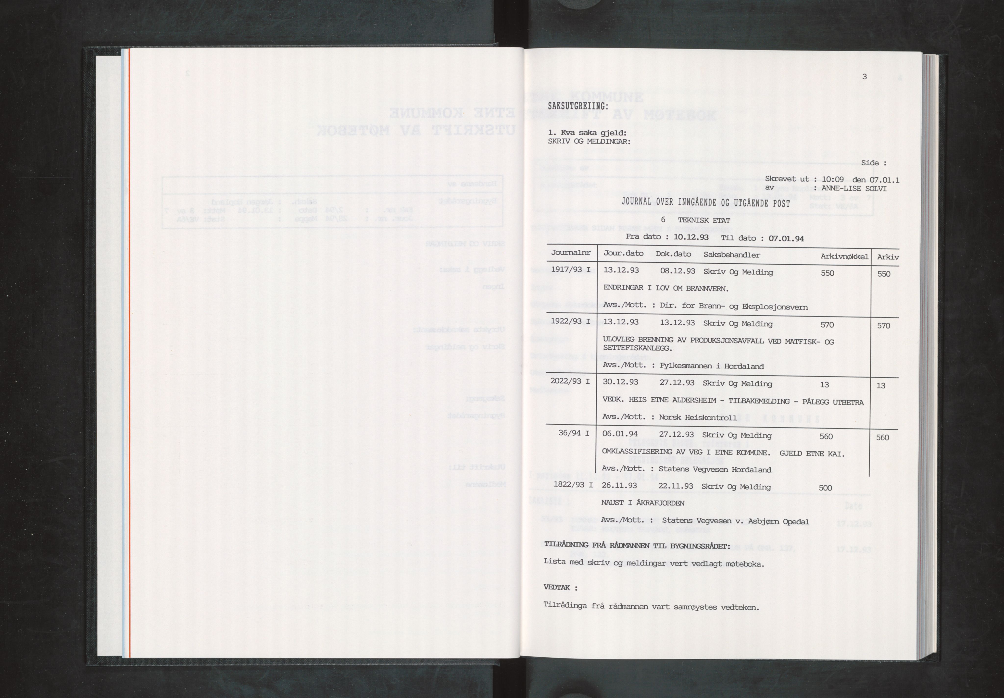 Etne kommune. Bygningsrådet, IKAH/1211-511/A/Aa/L0051: Møtebok Etne bygningsråd I, 1994