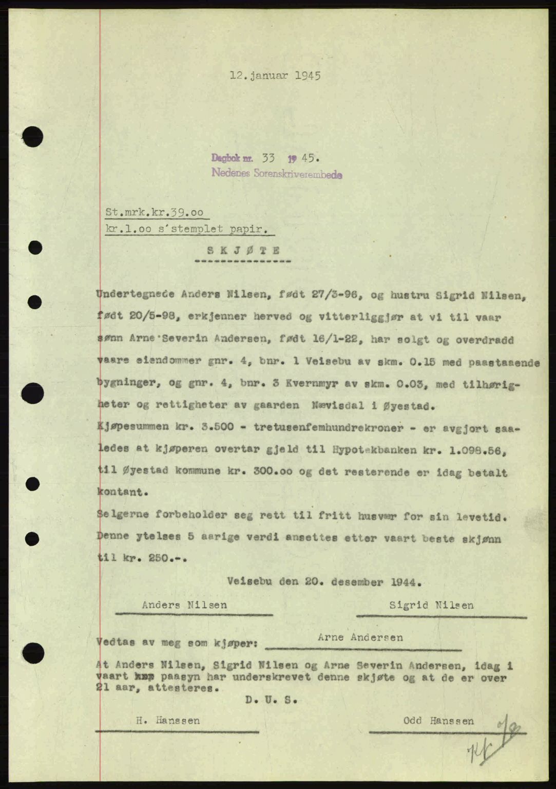 Nedenes sorenskriveri, SAK/1221-0006/G/Gb/Gba/L0052: Pantebok nr. A6a, 1944-1945, Dagboknr: 33/1945