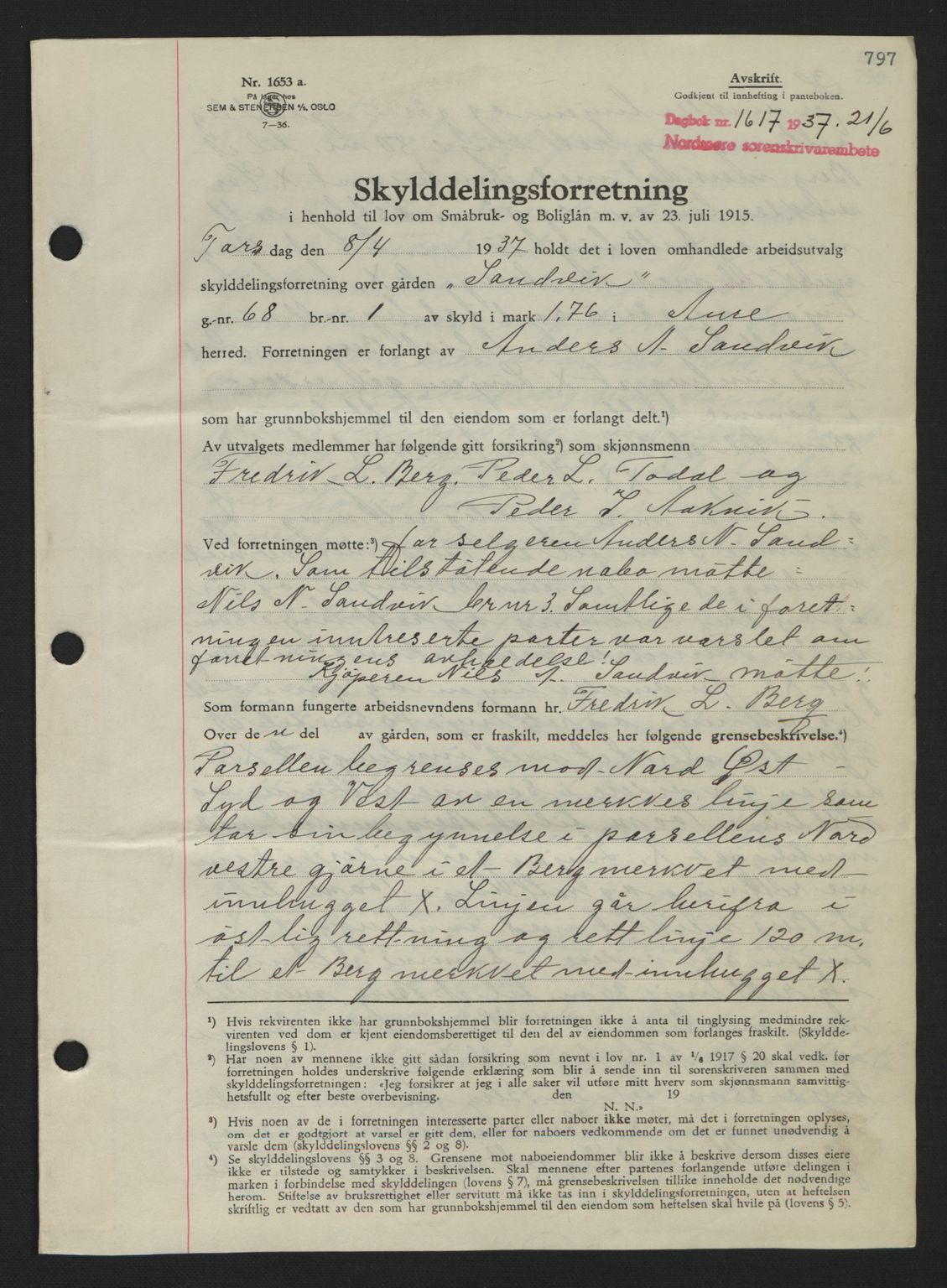 Nordmøre sorenskriveri, SAT/A-4132/1/2/2Ca: Pantebok nr. A81, 1937-1937, Dagboknr: 1617/1937