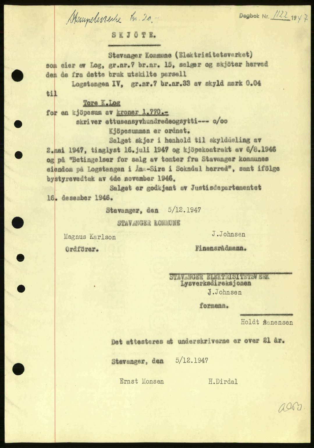 Dalane sorenskriveri, SAST/A-100309/02/G/Gb/L0051: Pantebok nr. A11, 1947-1948, Dagboknr: 1122/1947