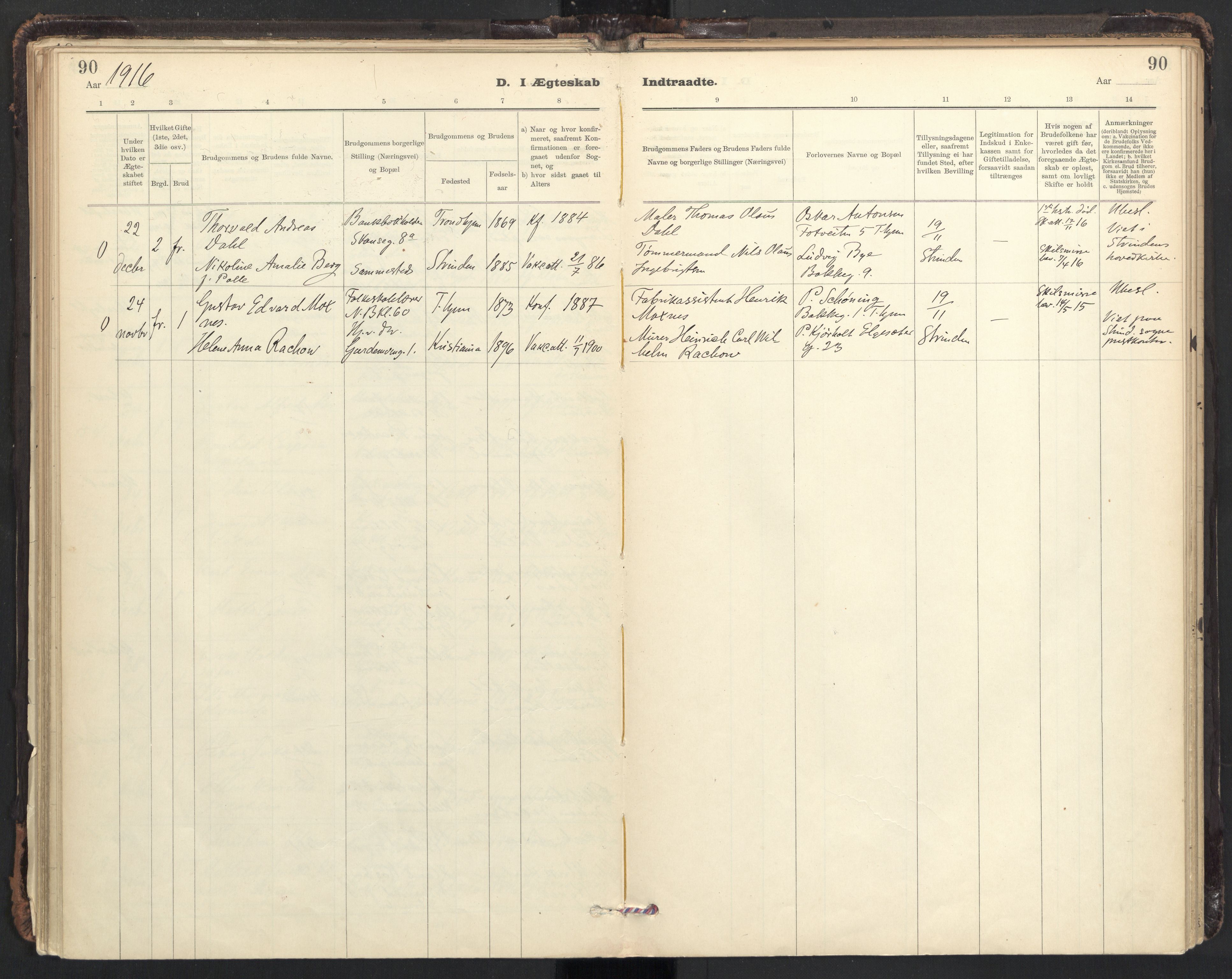 Ministerialprotokoller, klokkerbøker og fødselsregistre - Sør-Trøndelag, SAT/A-1456/604/L0204: Ministerialbok nr. 604A24, 1911-1920, s. 90