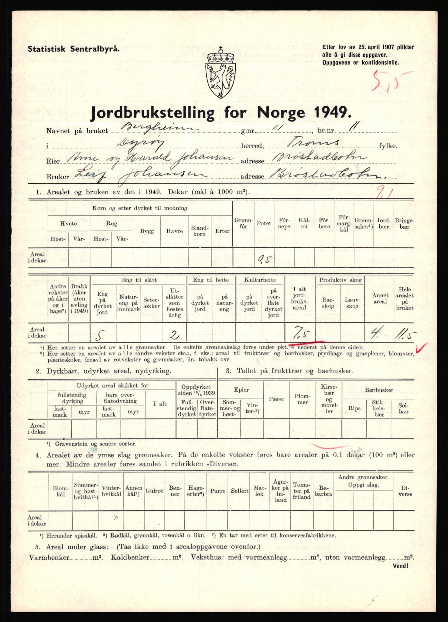 Statistisk sentralbyrå, Næringsøkonomiske emner, Jordbruk, skogbruk, jakt, fiske og fangst, AV/RA-S-2234/G/Gc/L0440: Troms: Sørreisa og Dyrøy, 1949, s. 964