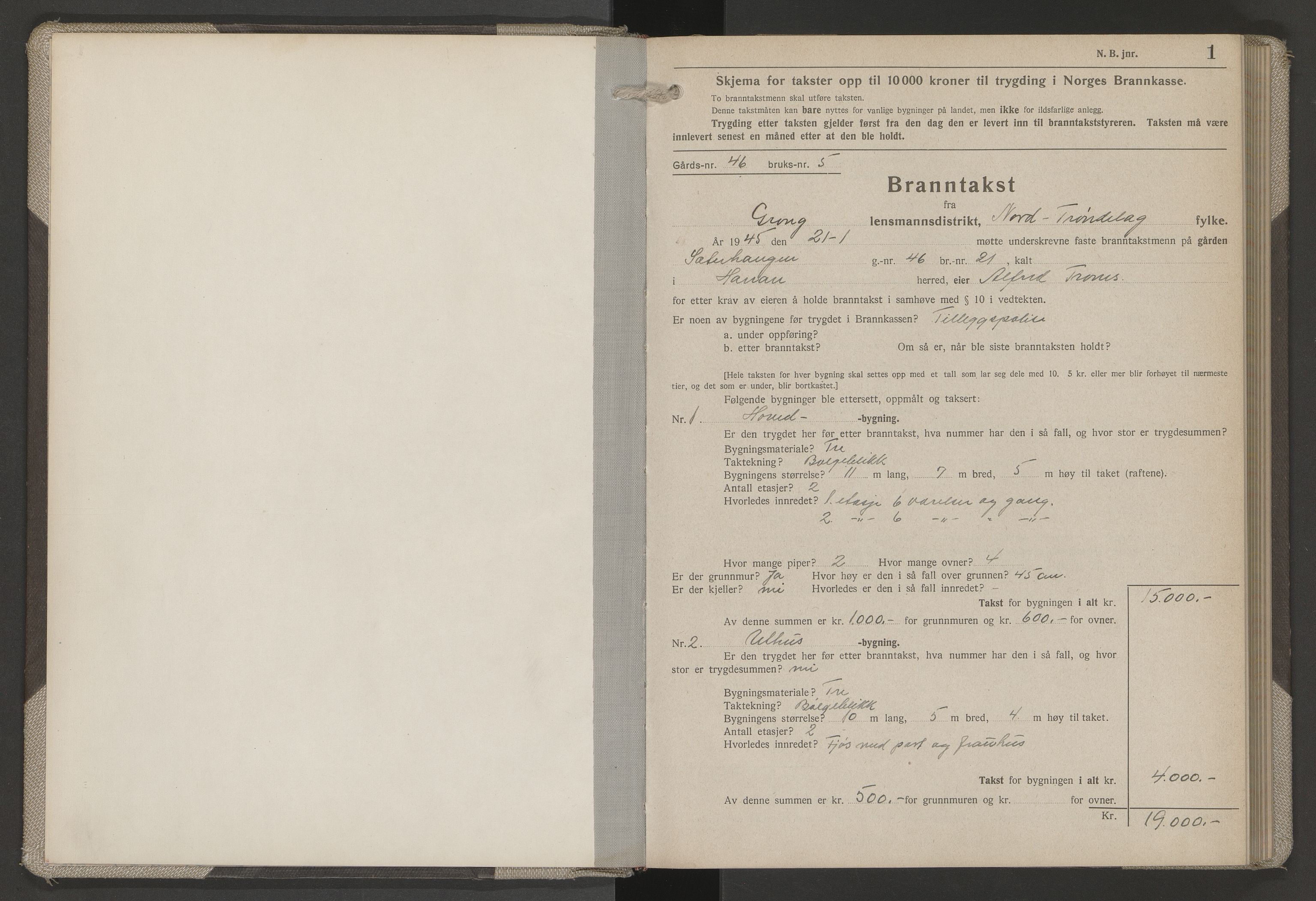 Norges Brannkasse Grong, AV/SAT-A-5553/Fb/L0001: Branntakstprotokoll, 1945-1955