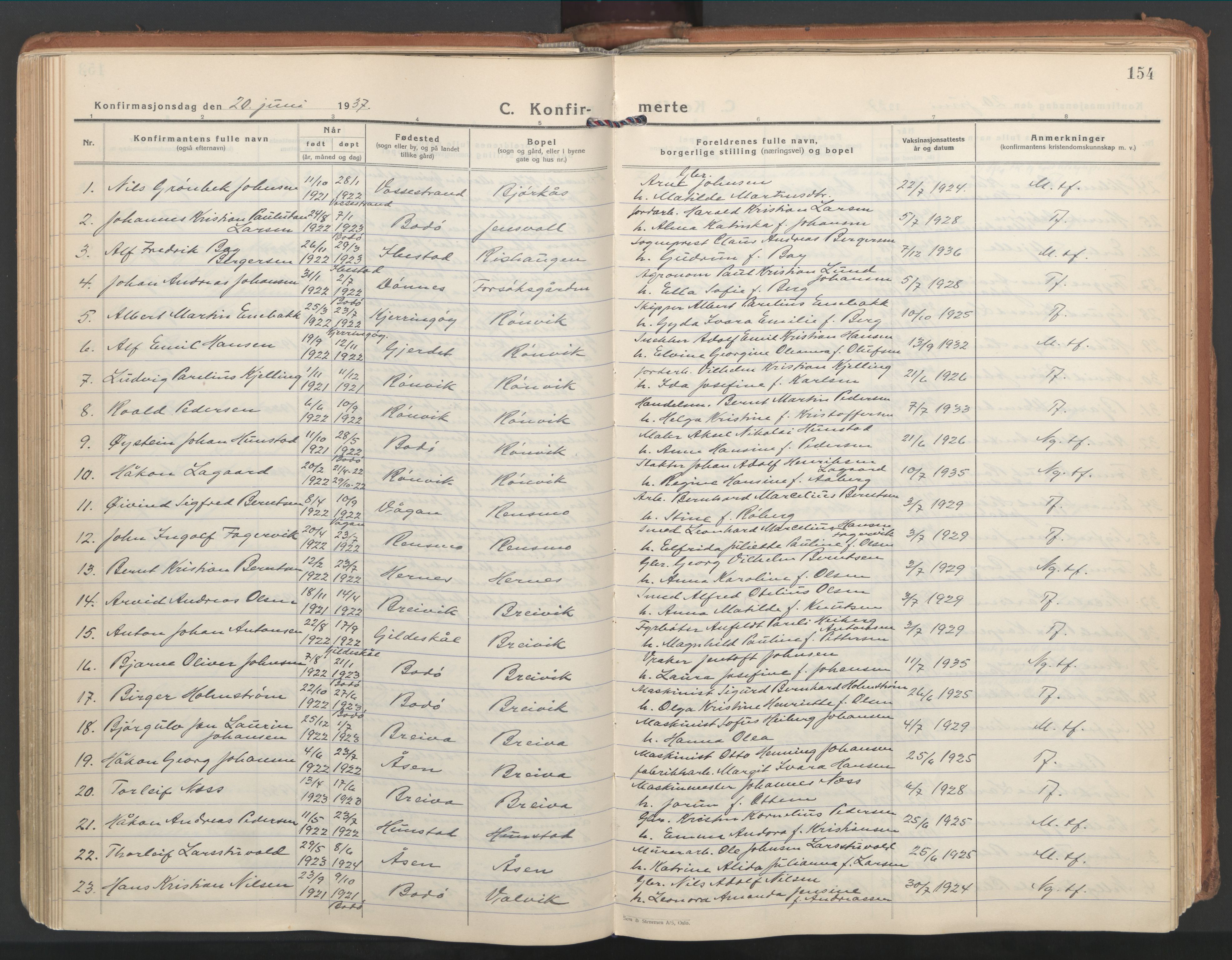 Ministerialprotokoller, klokkerbøker og fødselsregistre - Nordland, AV/SAT-A-1459/802/L0061: Ministerialbok nr. 802A08, 1933-1946, s. 154