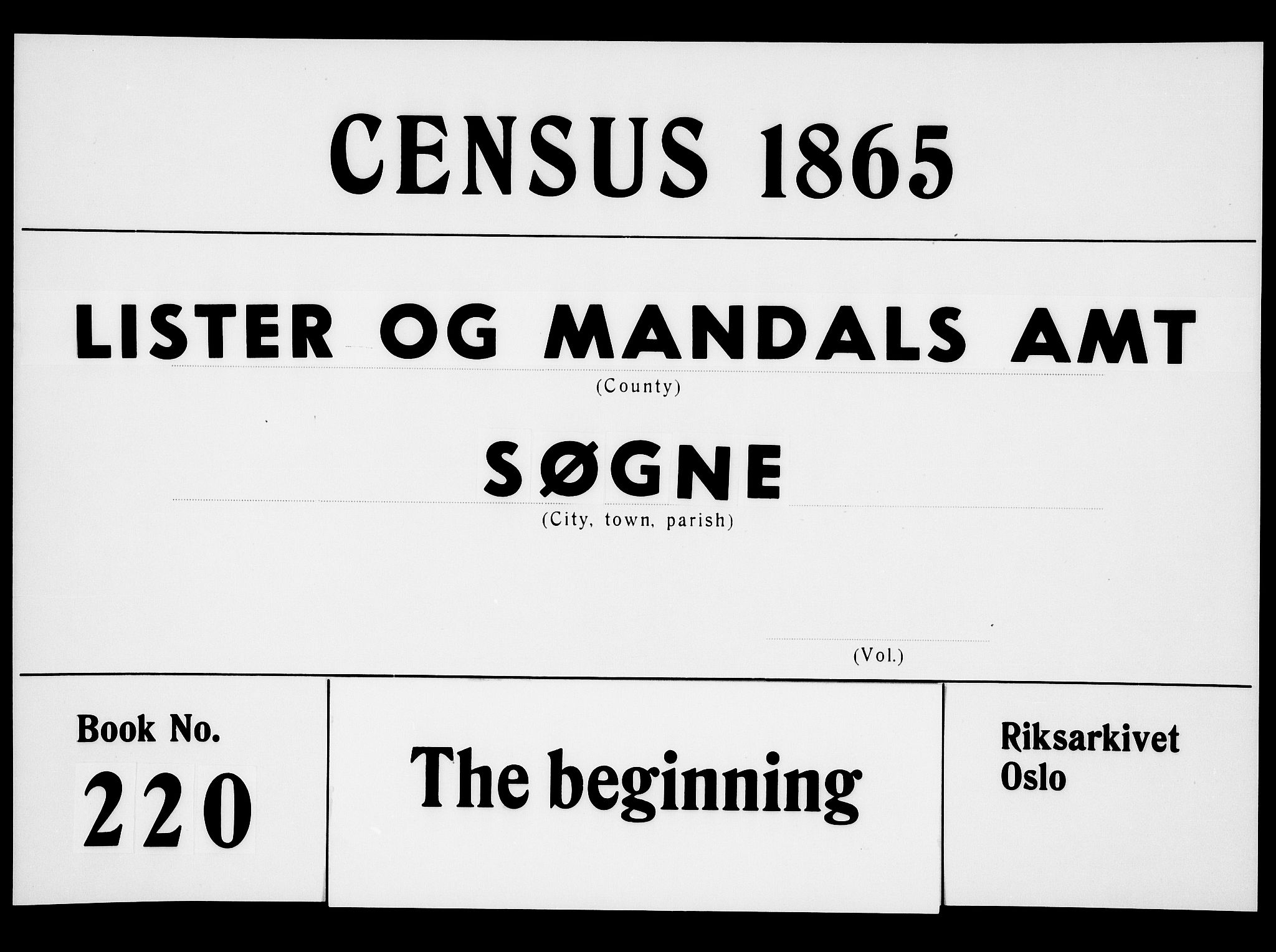 RA, Folketelling 1865 for 1018P Søgne prestegjeld, 1865, s. 1