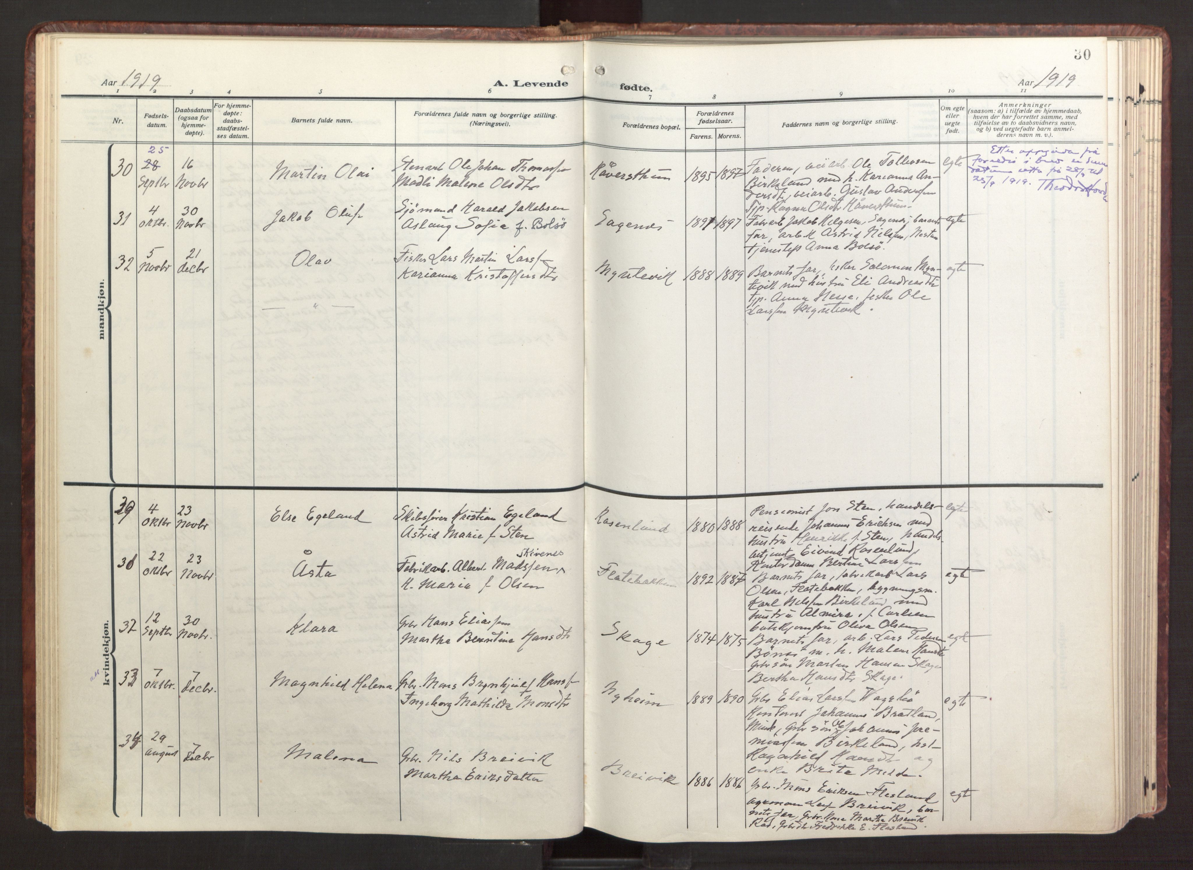 Fana Sokneprestembete, AV/SAB-A-75101/H/Haa/Haab/L0005: Ministerialbok nr. B 5, 1915-1923, s. 30