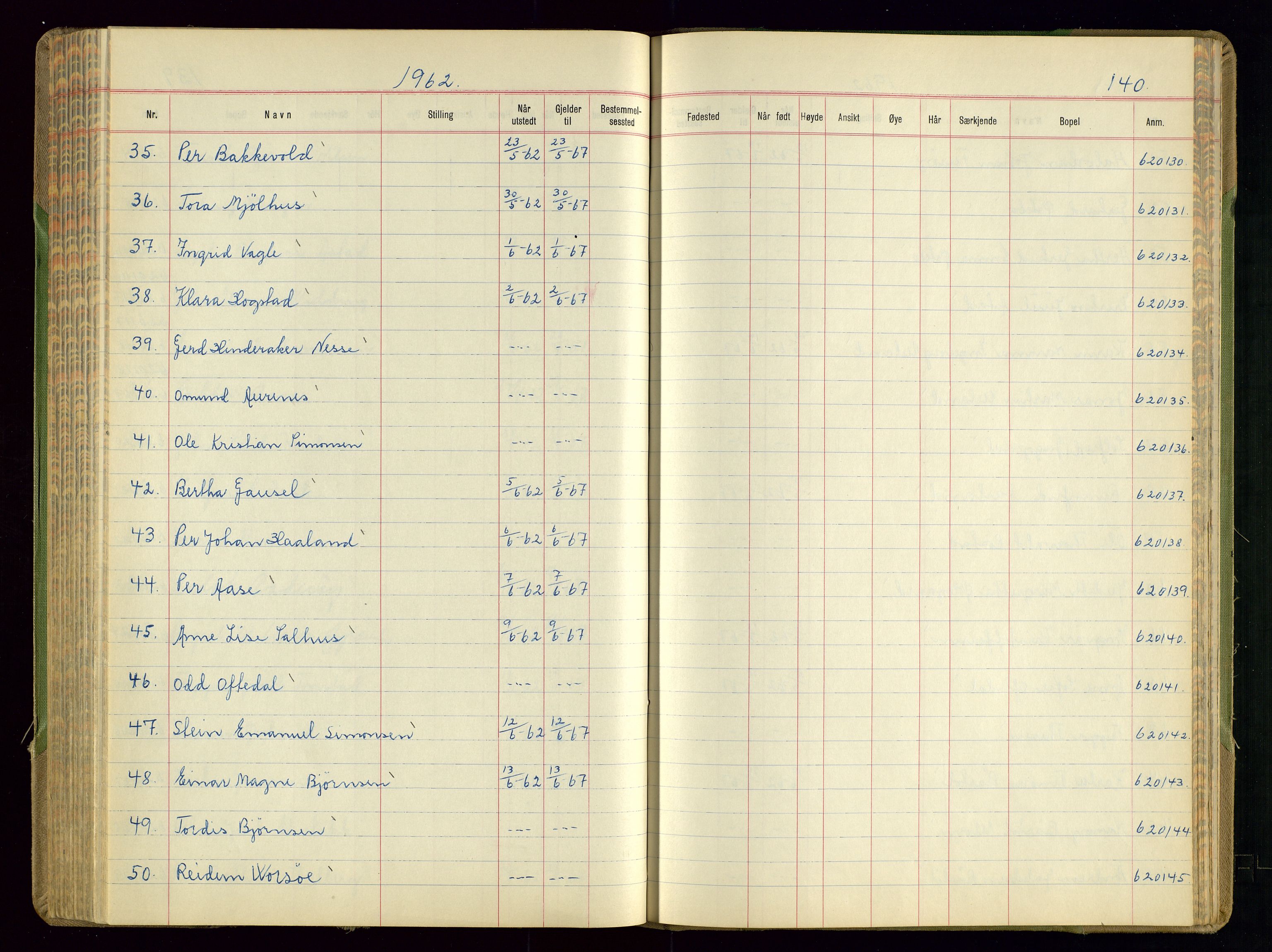 Sandnes politikammer, AV/SAST-A-100446/K/L0008: Passprotokoll, 1951-1962, s. 140