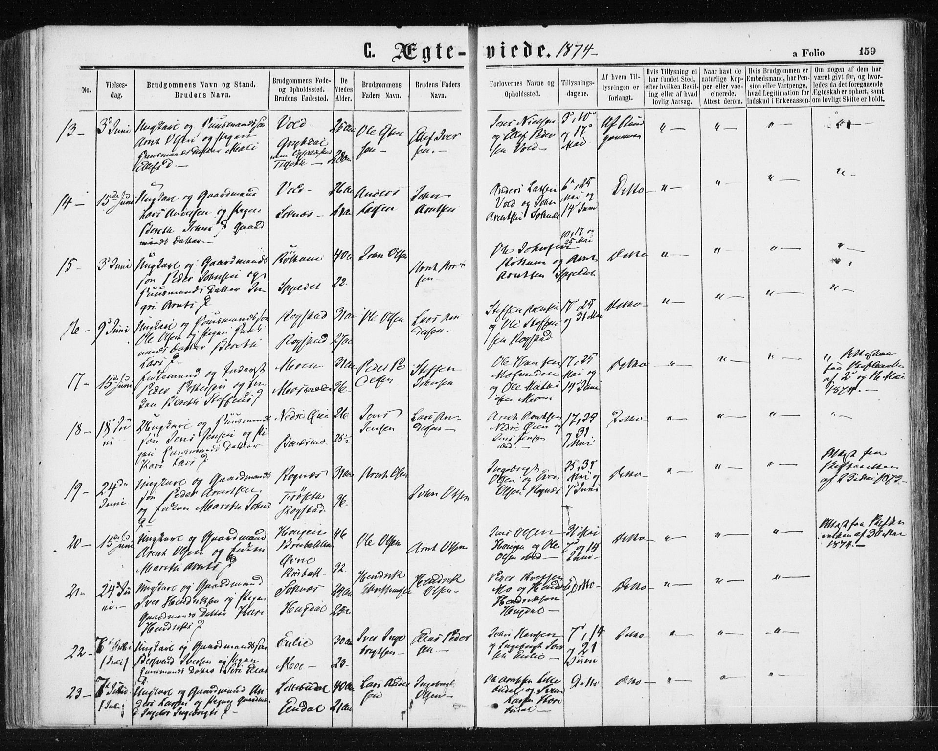 Ministerialprotokoller, klokkerbøker og fødselsregistre - Sør-Trøndelag, SAT/A-1456/687/L1001: Ministerialbok nr. 687A07, 1863-1878, s. 159