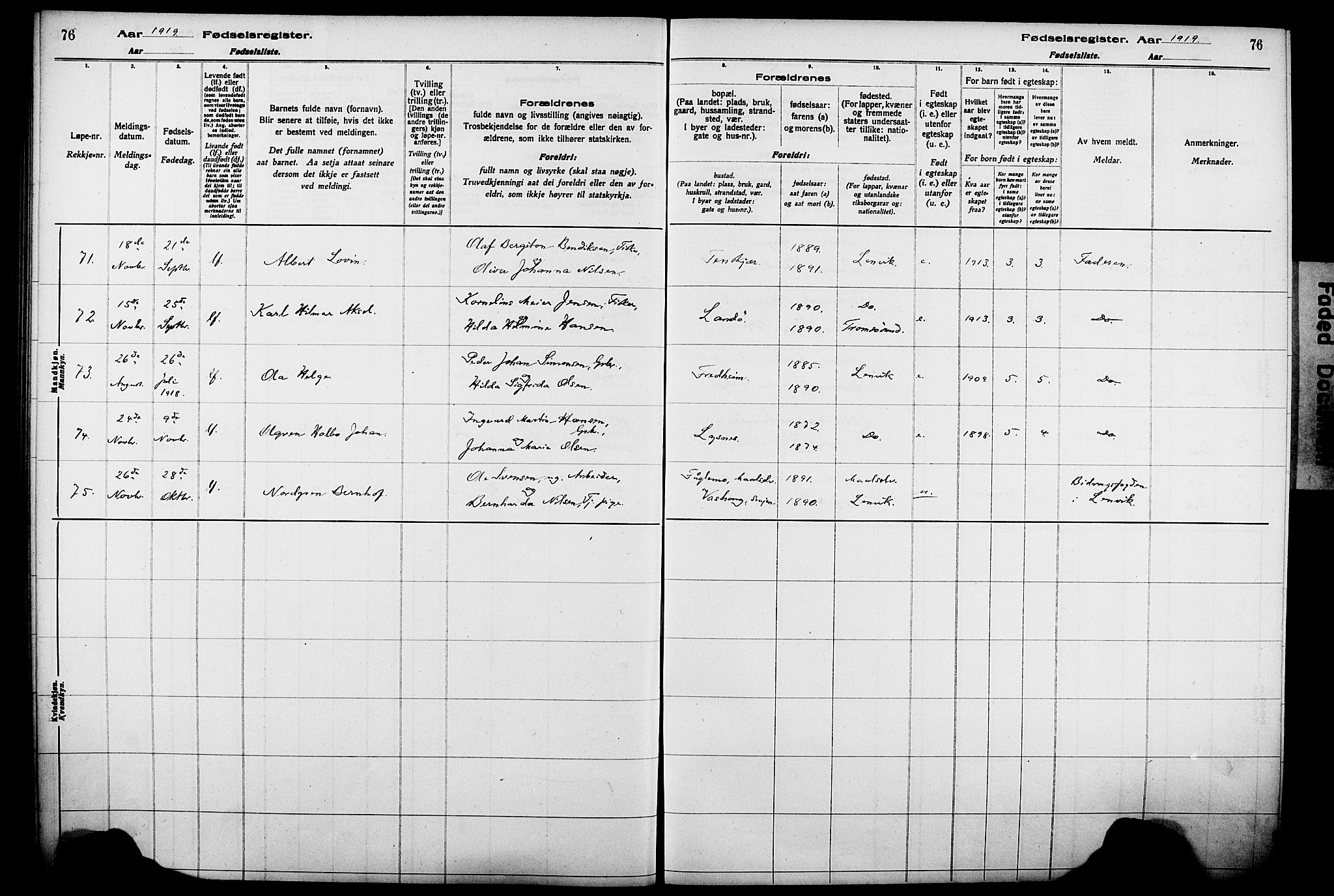 Lenvik sokneprestembete, AV/SATØ-S-1310/I/Ic/L0089: Fødselsregister nr. 89, 1916-1926, s. 76