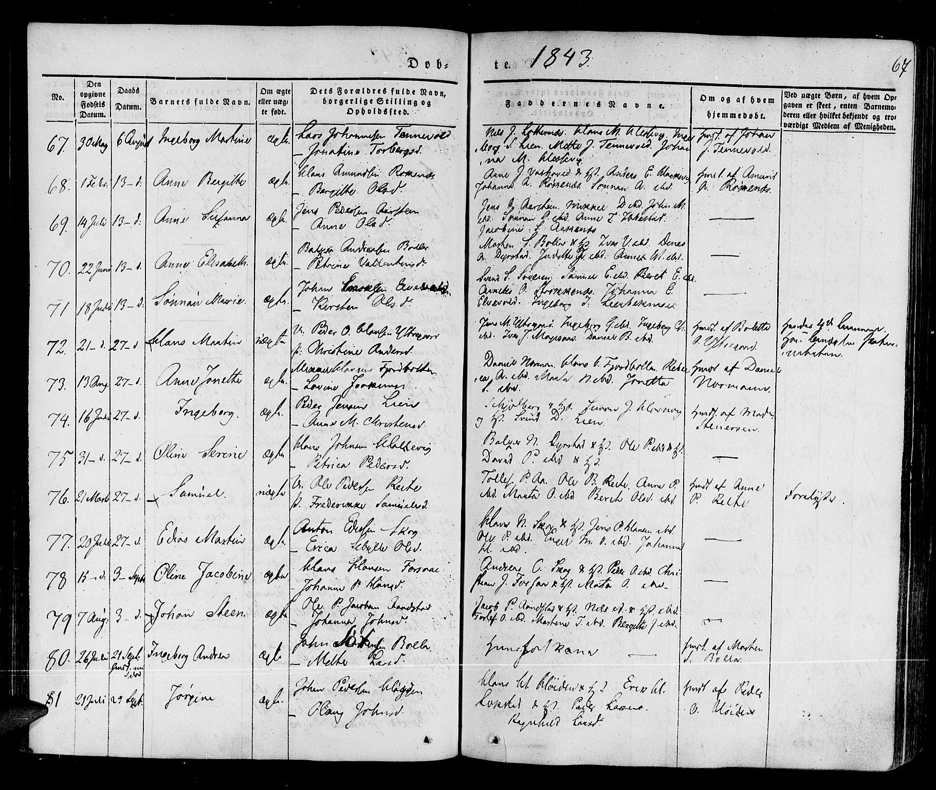 Ibestad sokneprestembete, AV/SATØ-S-0077/H/Ha/Haa/L0006kirke: Ministerialbok nr. 6, 1837-1850, s. 67