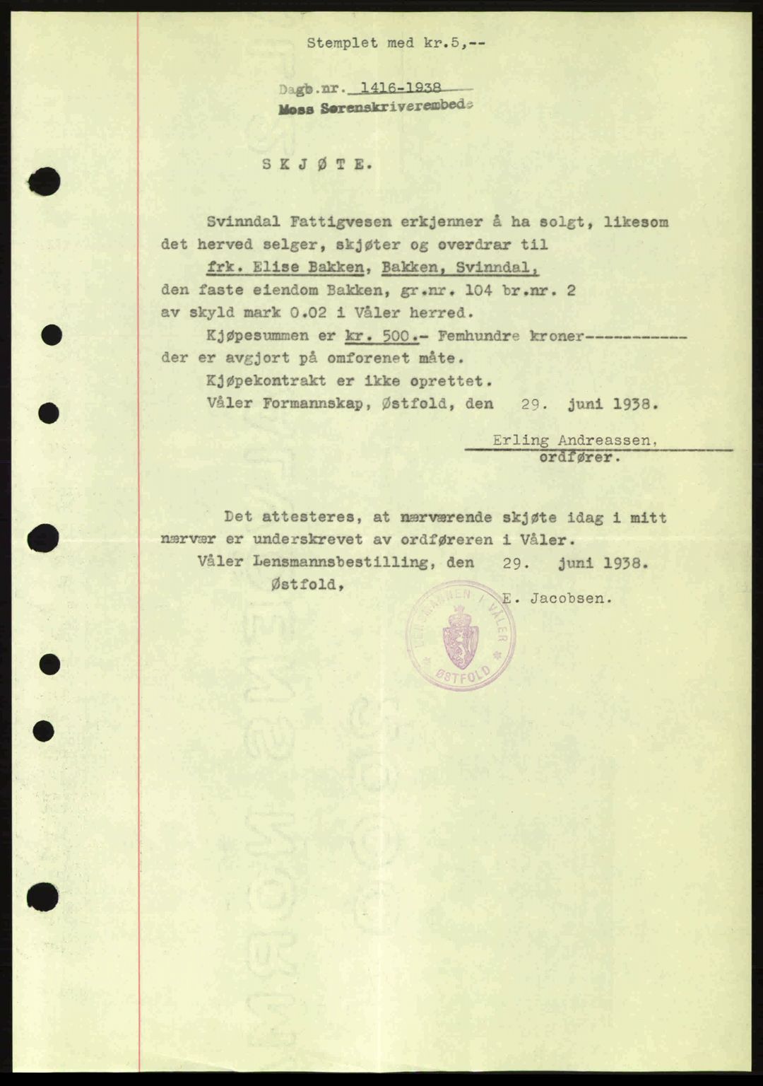 Moss sorenskriveri, SAO/A-10168: Pantebok nr. A4, 1938-1938, Dagboknr: 1416/1938