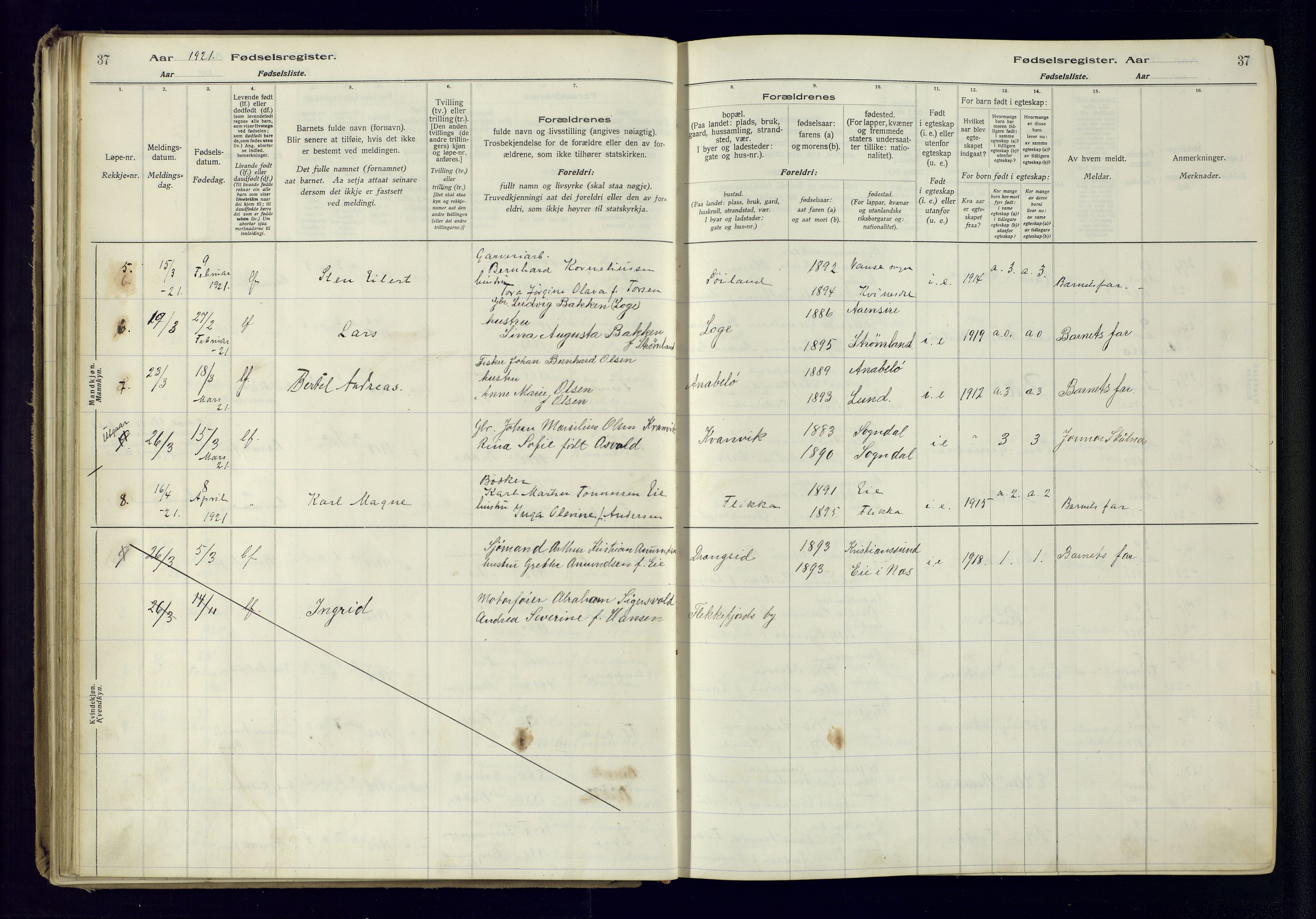 Flekkefjord sokneprestkontor, AV/SAK-1111-0012/J/Ja/L0005: Fødselsregister nr. 5, 1916-1950, s. 37