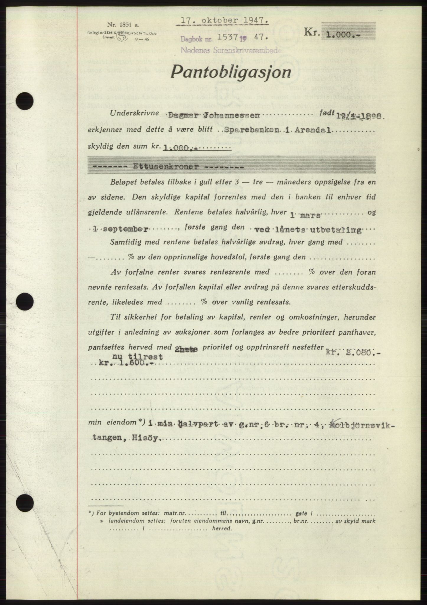 Nedenes sorenskriveri, AV/SAK-1221-0006/G/Gb/Gbb/L0004: Pantebok nr. B4, 1947-1947, Dagboknr: 1537/1947