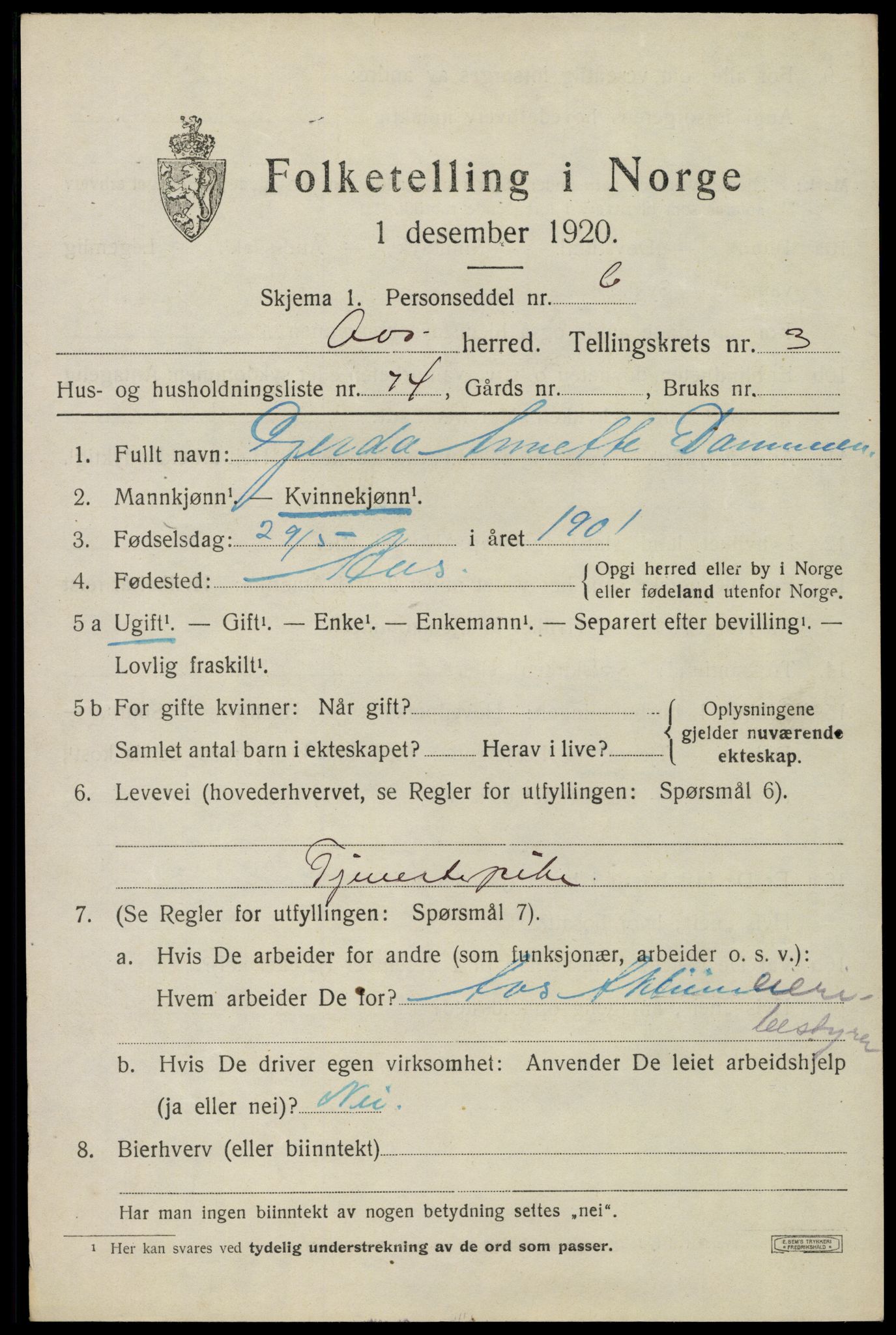 SAO, Folketelling 1920 for 0214 Ås herred, 1920, s. 4696