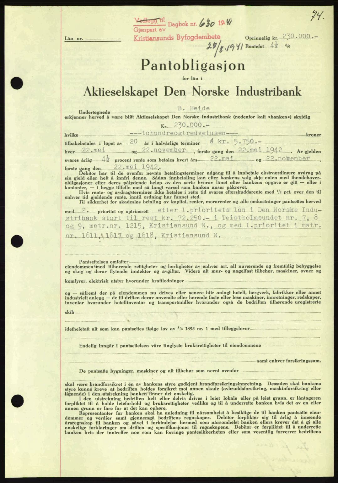 Kristiansund byfogd, AV/SAT-A-4587/A/27: Pantebok nr. 35, 1941-1942, Dagboknr: 630/1941