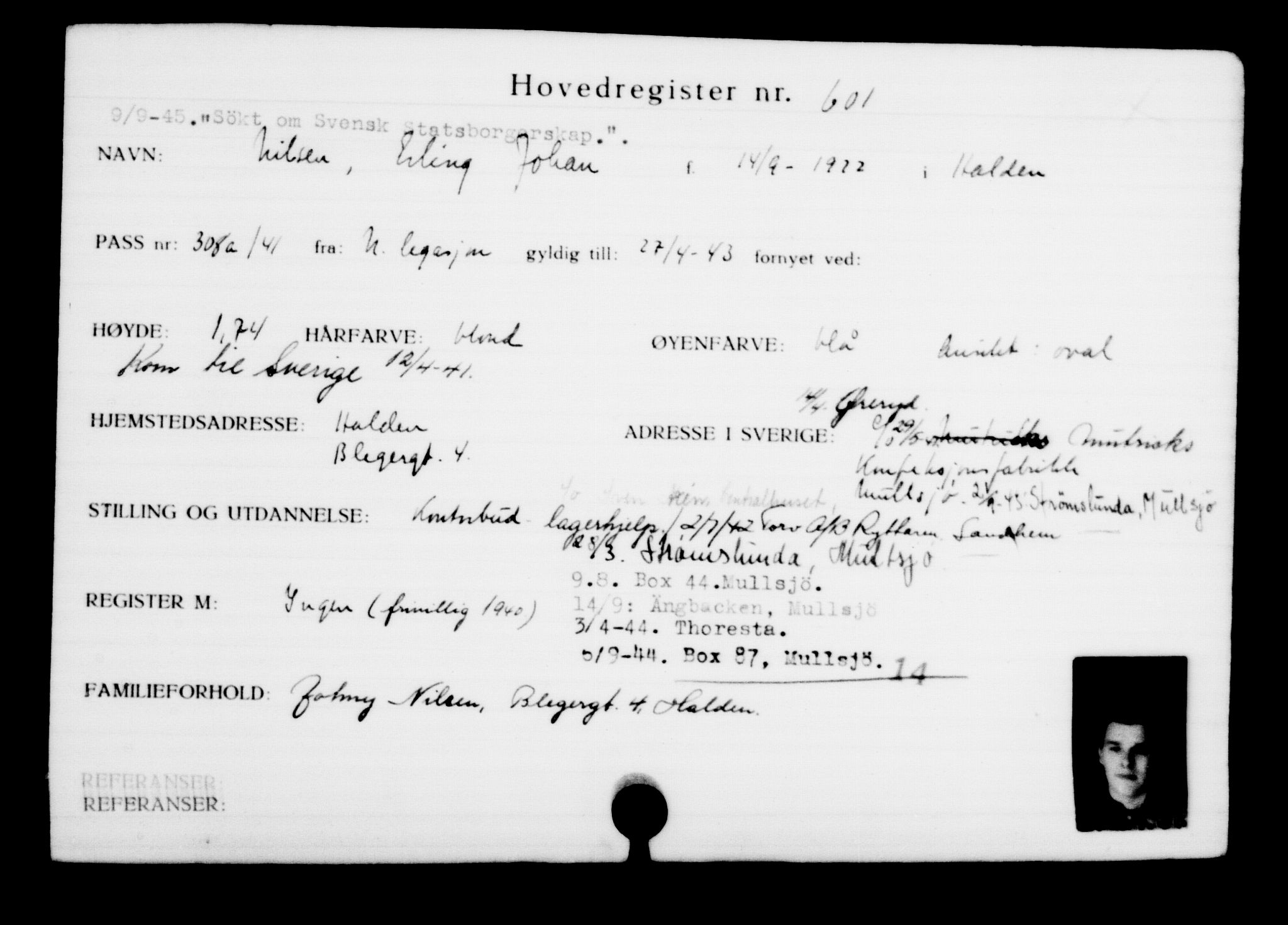 Utenriksstasjonene, Legasjonen i Stockholm, Flyktningkontoret, AV/RA-S-6753/V/Va/L0001: Kjesäterkartoteket, flyktninger med registreringsnr. 1-1000, 1940-1945, s. 939