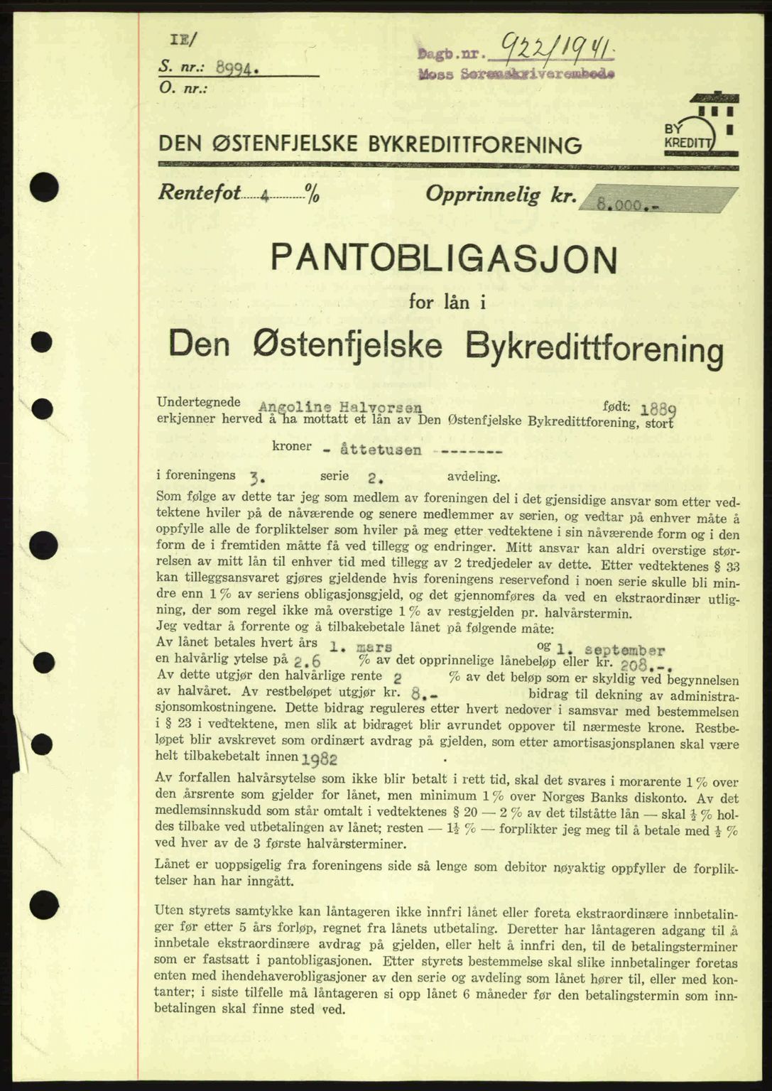 Moss sorenskriveri, SAO/A-10168: Pantebok nr. B10, 1940-1941, Dagboknr: 922/1941