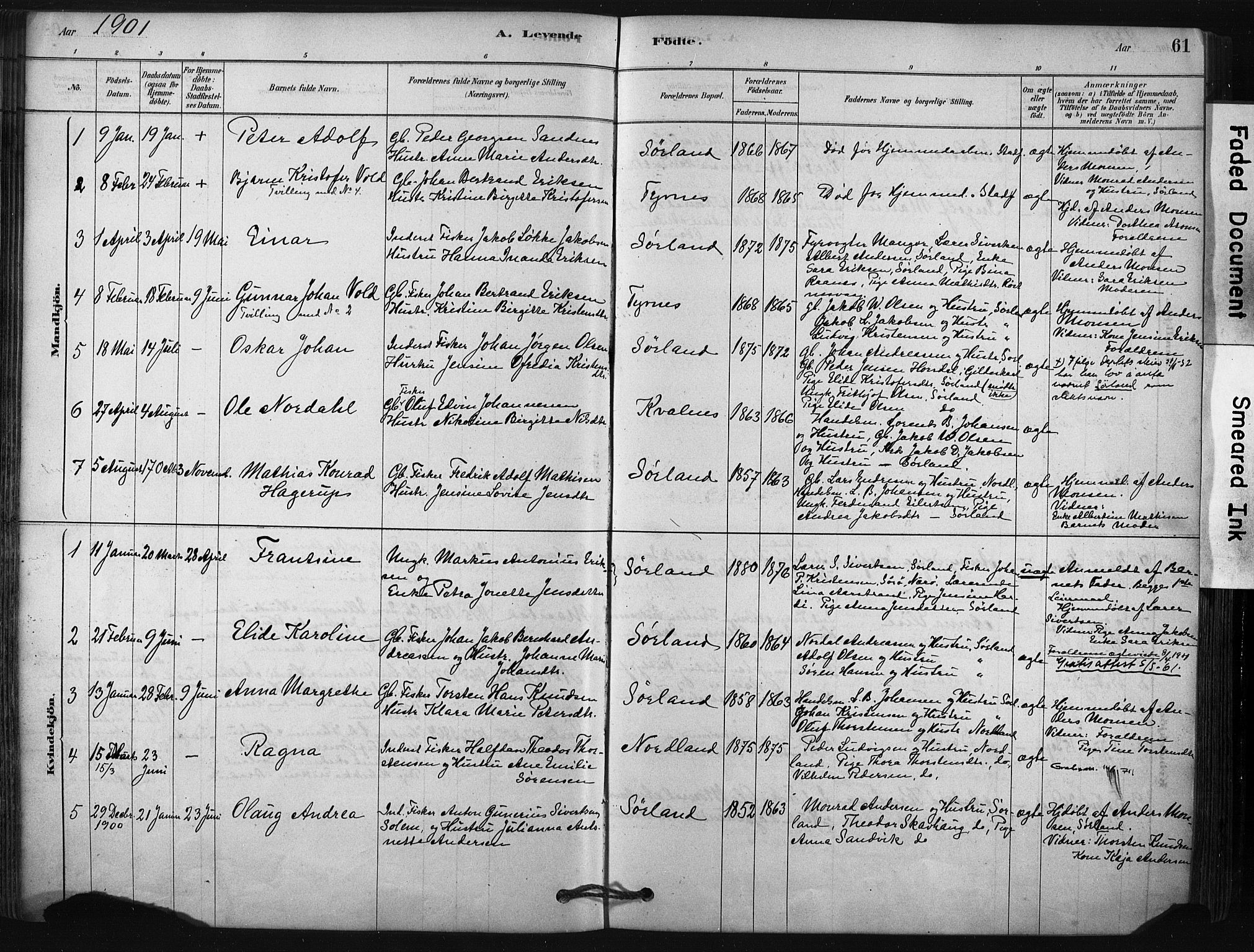 Ministerialprotokoller, klokkerbøker og fødselsregistre - Nordland, AV/SAT-A-1459/807/L0122: Ministerialbok nr. 807A05, 1880-1902, s. 61