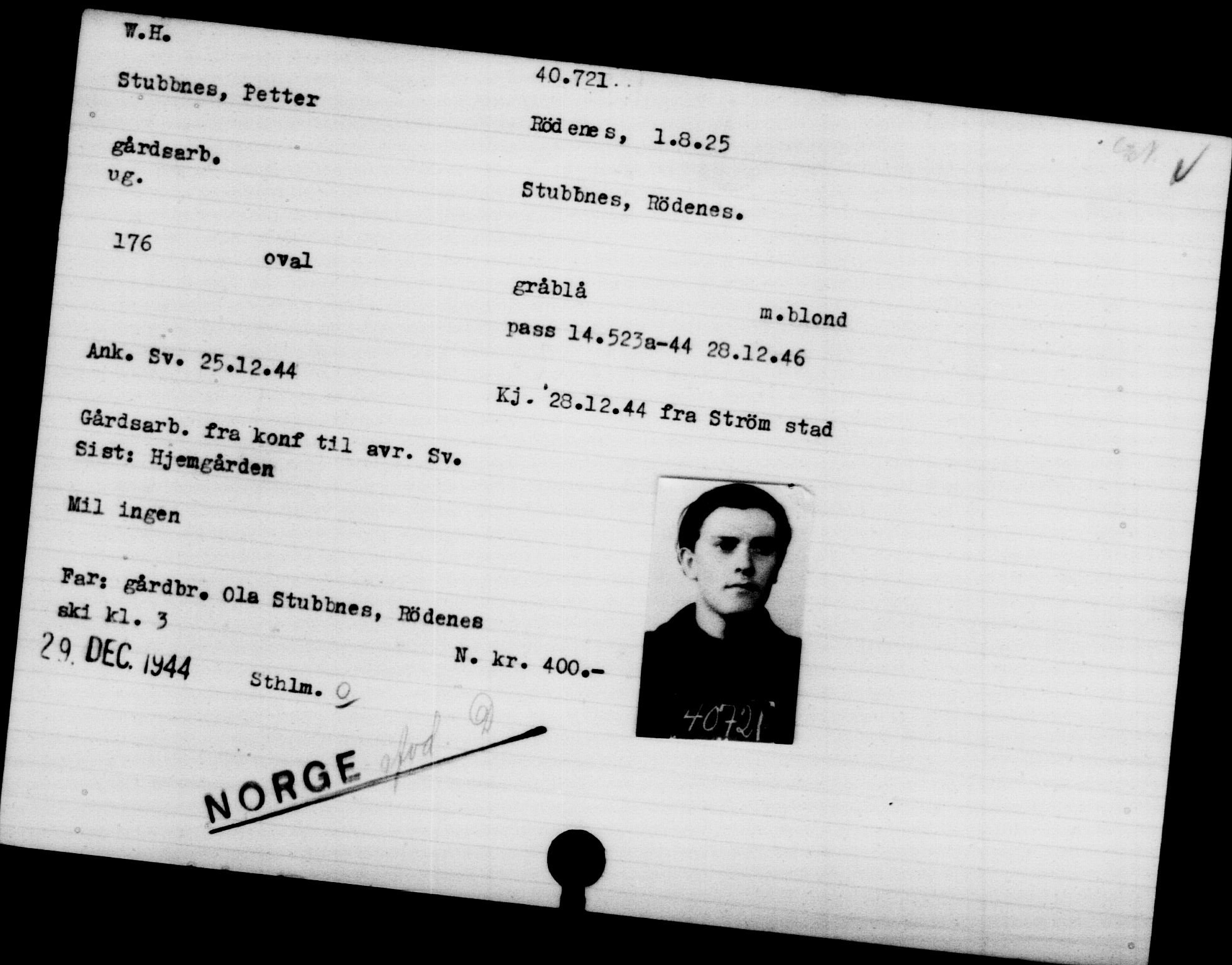 Utenriksstasjonene, Legasjonen i Stockholm, Flyktningkontoret, AV/RA-S-6753/V/Va/L0015: Kjesäterkartoteket, flyktninger med registreringsnr. 37800-40770, 1940-1945, s. 3031