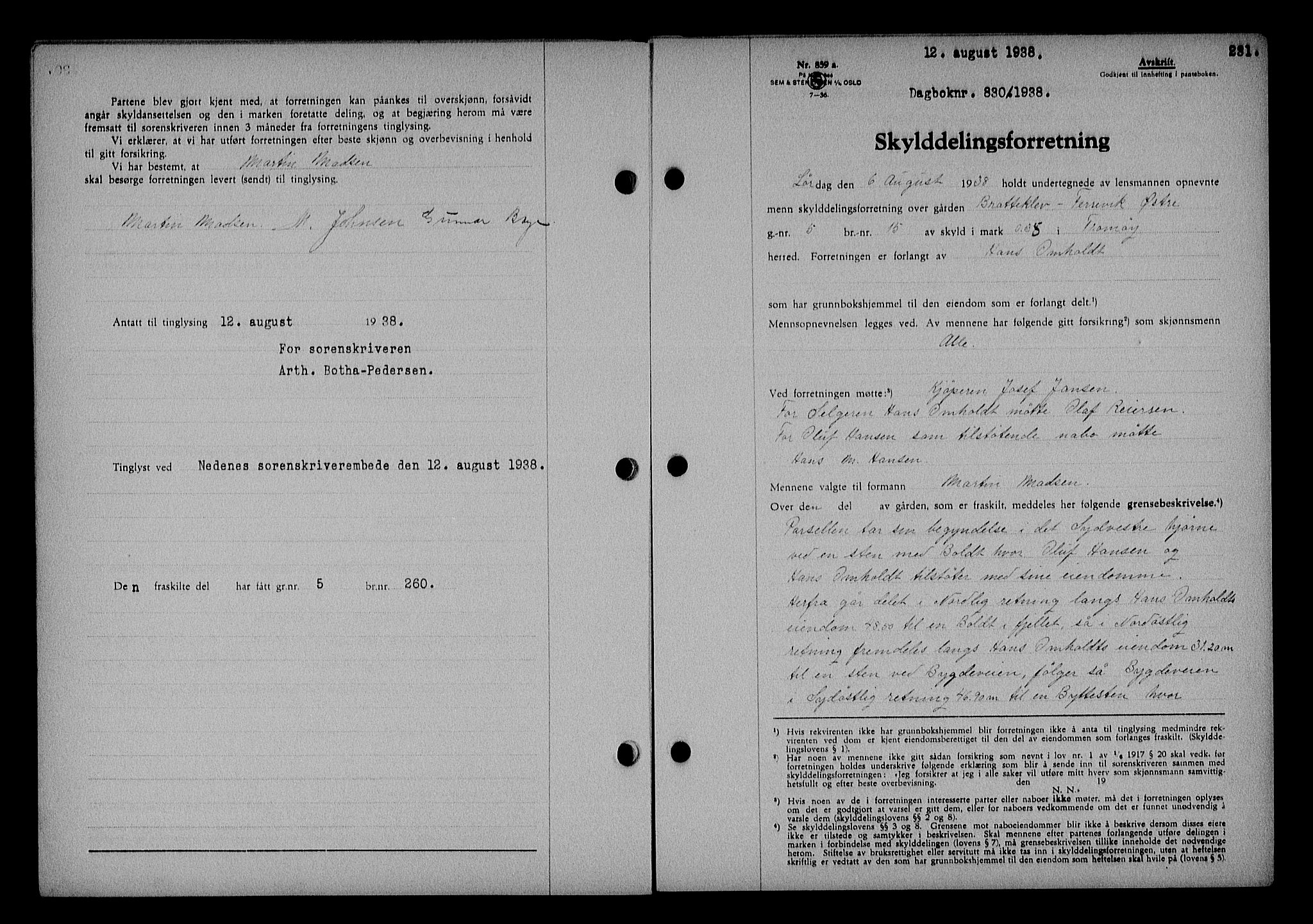 Nedenes sorenskriveri, AV/SAK-1221-0006/G/Gb/Gba/L0045: Pantebok nr. 41, 1938-1938, Dagboknr: 830/1938