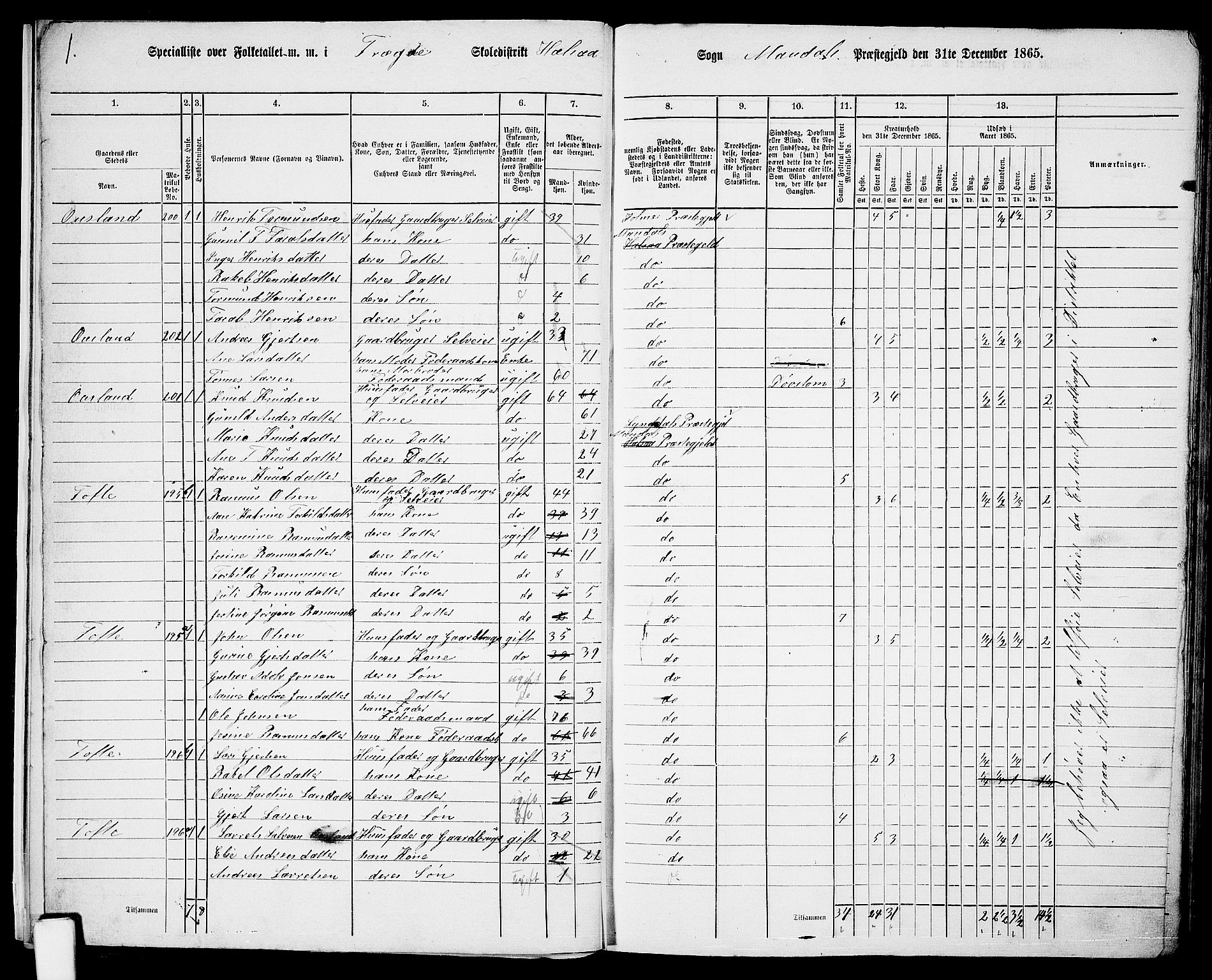 RA, Folketelling 1865 for 1019L Mandal prestegjeld, Halse sokn og Harkmark sokn, 1865, s. 17