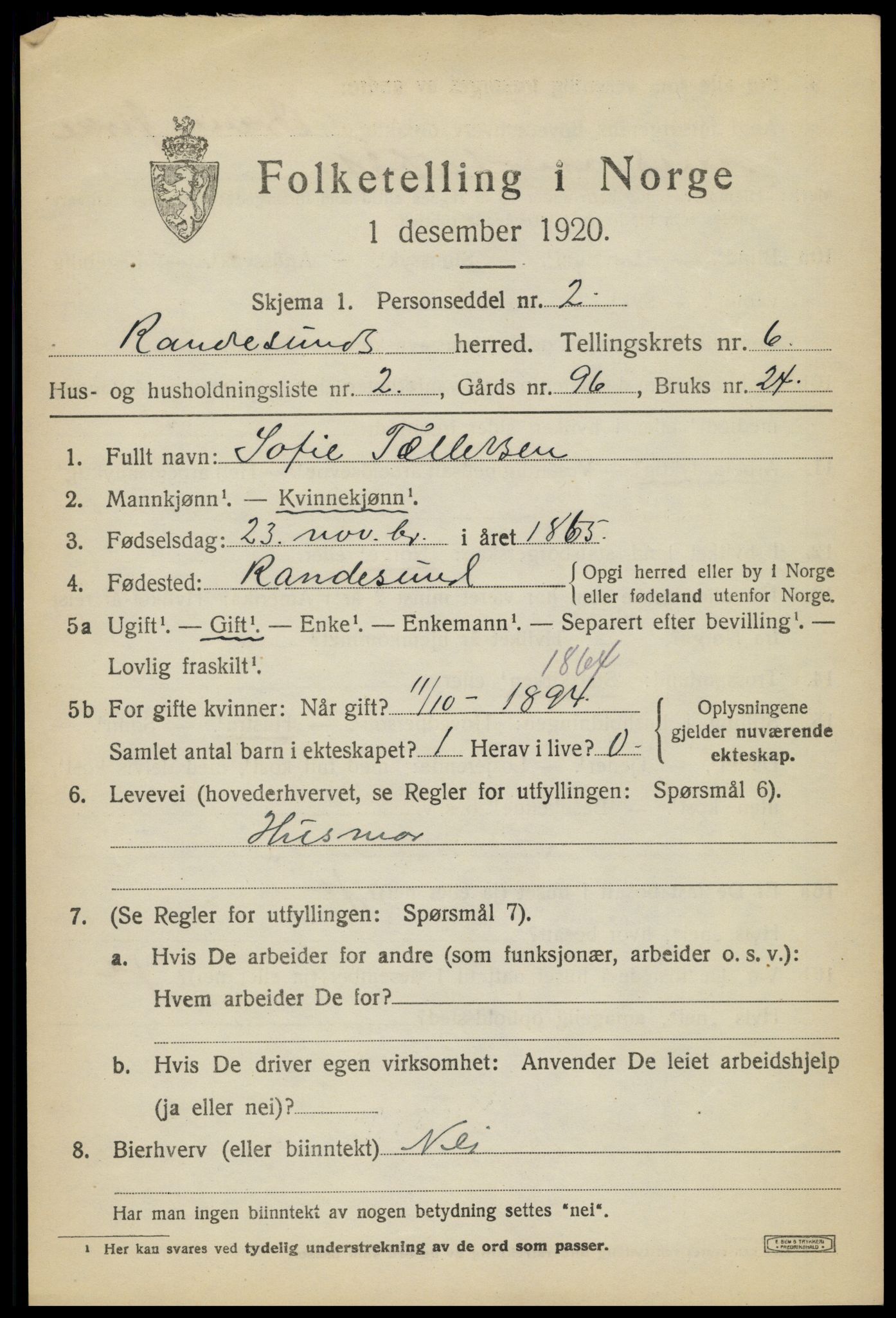 SAK, Folketelling 1920 for 1011 Randesund herred, 1920, s. 2764