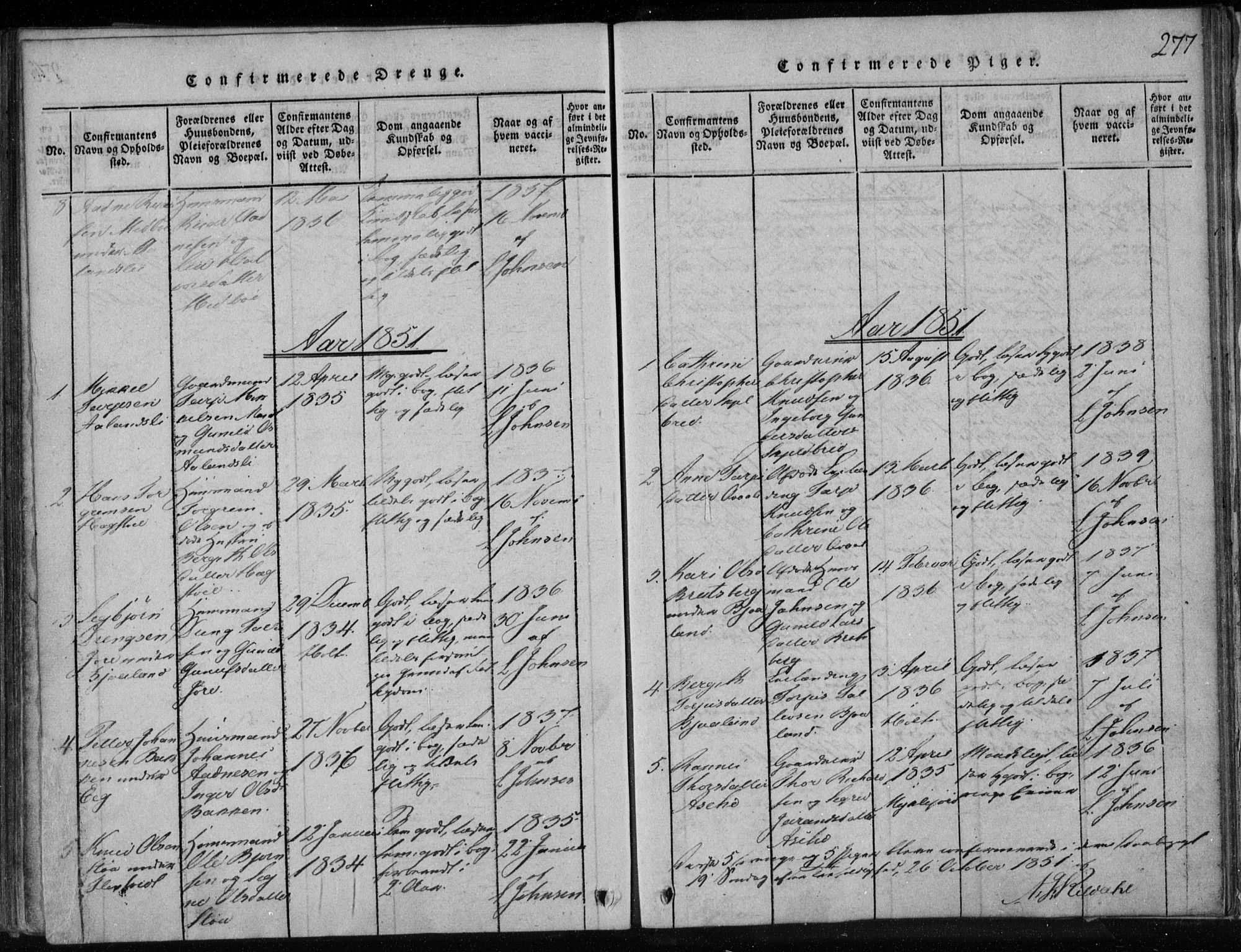 Lårdal kirkebøker, AV/SAKO-A-284/F/Fa/L0005: Ministerialbok nr. I 5, 1815-1860, s. 277